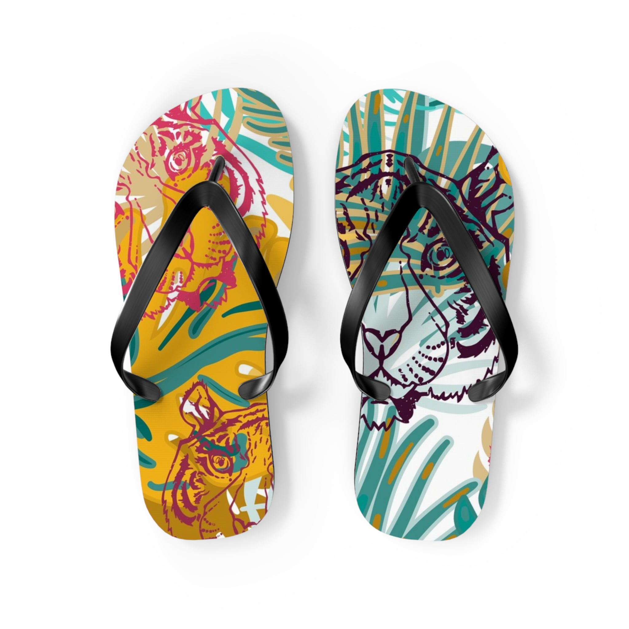 Tropical Jungle Tigers Brown and Green Flip Flops, Artsulli - Art is Long, Life is Short, Shoes, Size, M, Color, Black sole, , , 14417857935517