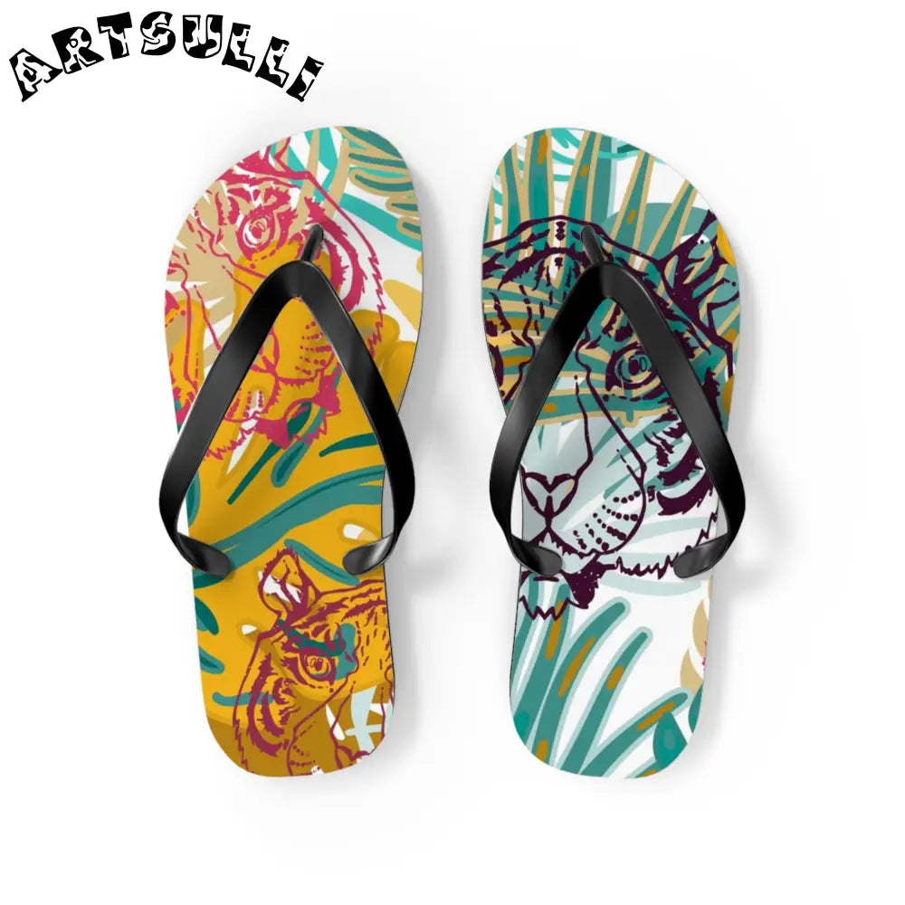 JAKKOUTTHEBXX Tropical Jungle Tigers Brown and Green Flip Flops