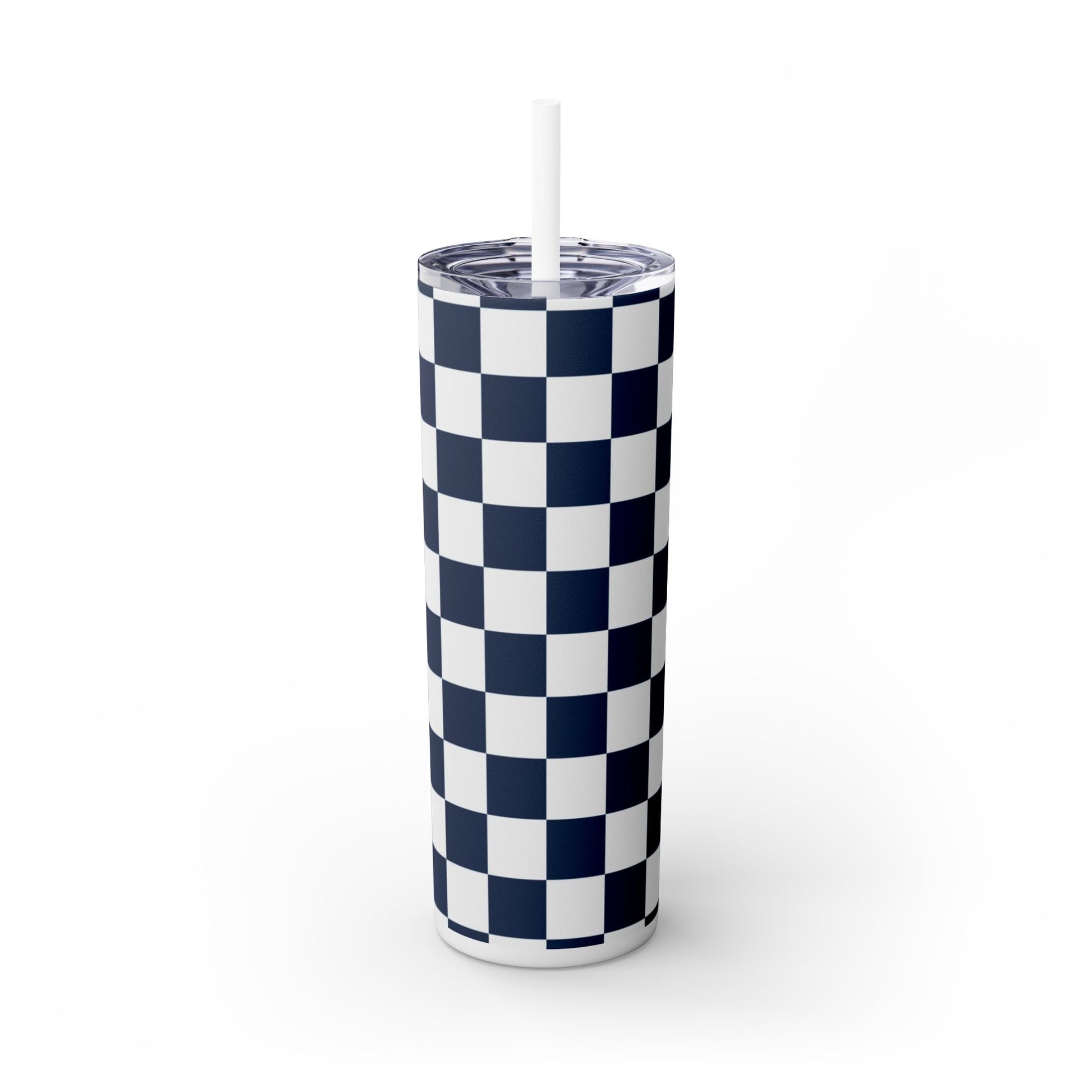 Checkerboard White and Navy Blue Skinny Tumbler with Straw, 20oz, Artsulli - Art is Long, Life is Short, Mug, , , , , , , 