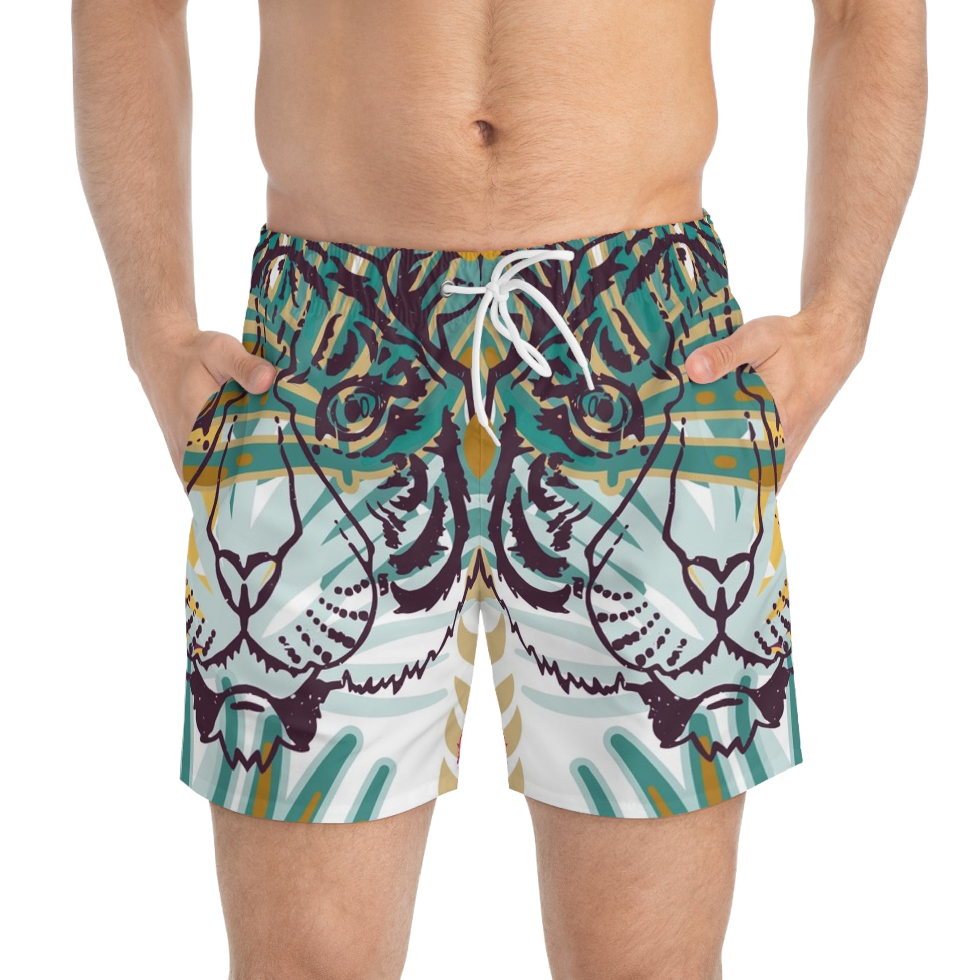 Tropical Jungle Tigers Green and Brown Swim Trunks (AOP), Artsulli - Art is Long, Life is Short, All Over Prints, , , , , , , 