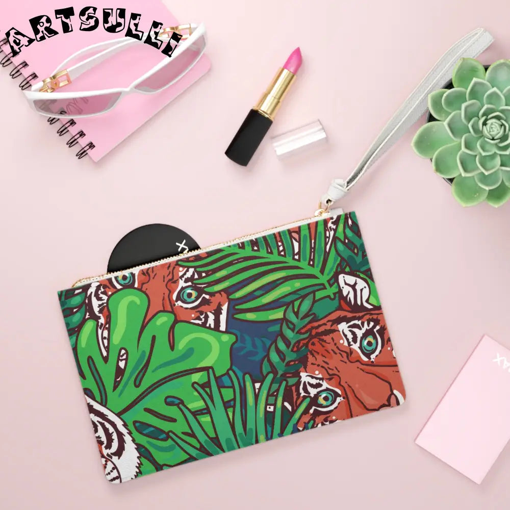 JAKKOUTTHEBXX Tropical Jungle Tigers Blue and Green Clutch Bag