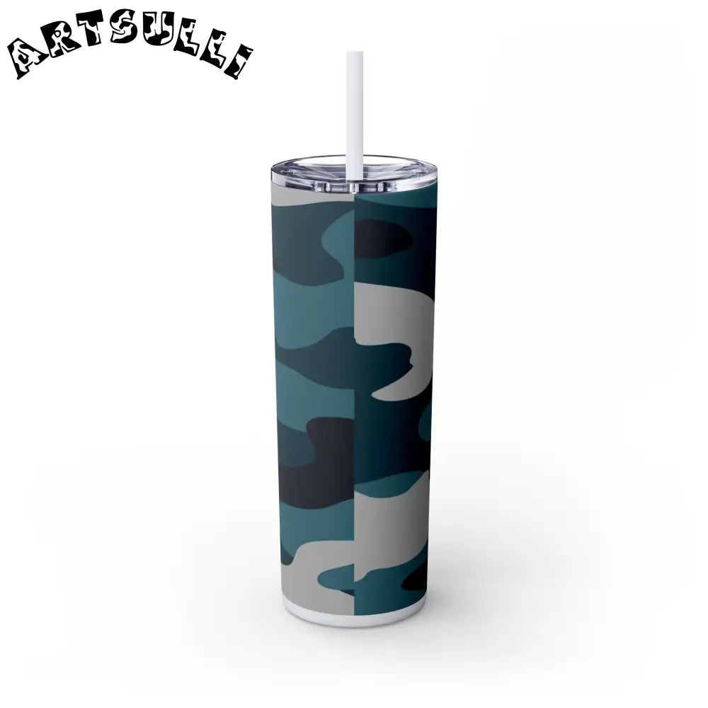 JAKKOUTTHEBXX Blue Camouflage Skinny Tumbler with Straw 20oz