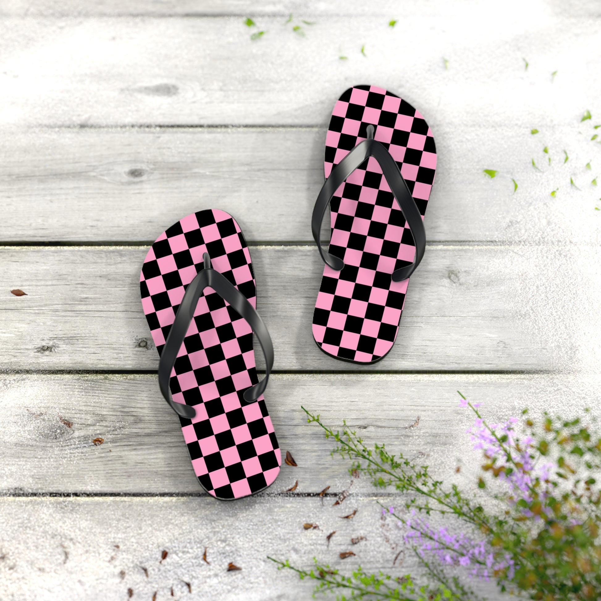 Checkerboard Black and Pink Flip Flops, Artsulli - Art is Long, Life is Short, Shoes, , , , , , , 
