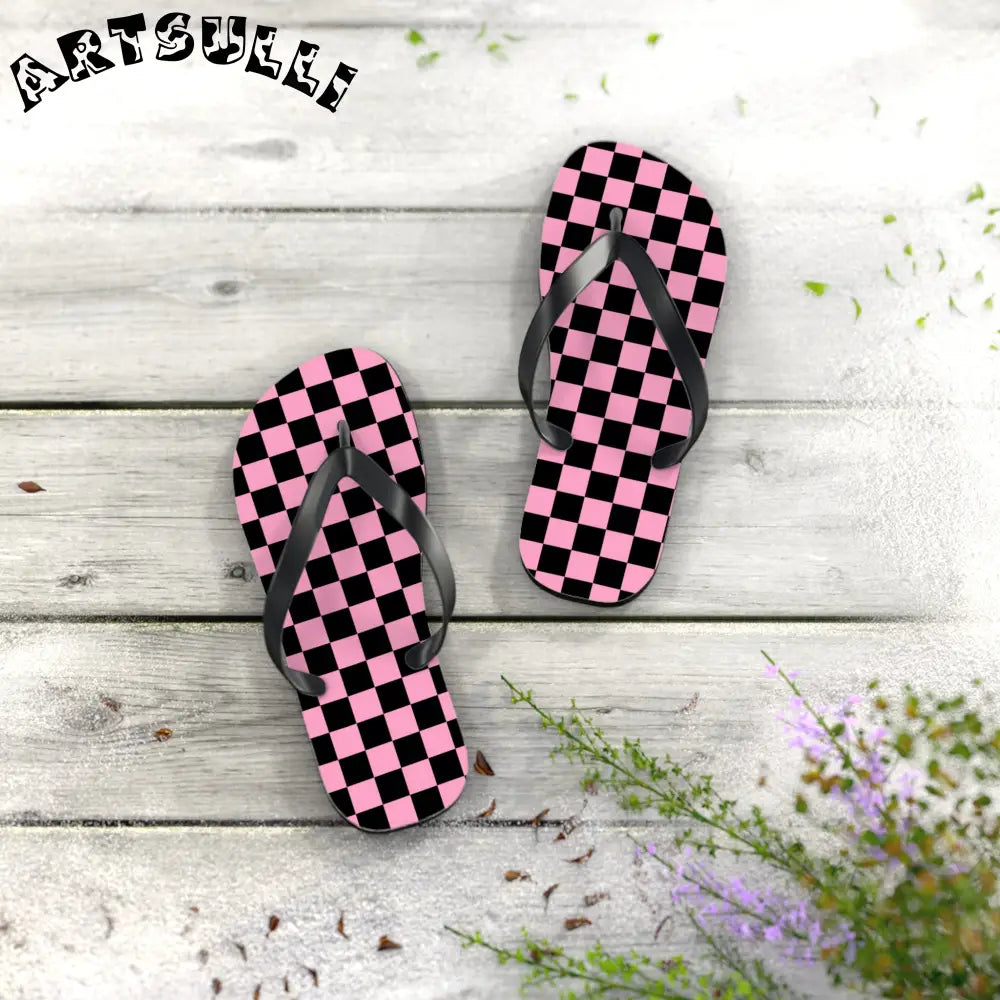 JAKKOUTTHEBXX Checkerboard Black and Pink Flip Flops JAKKOUTTHEBXX