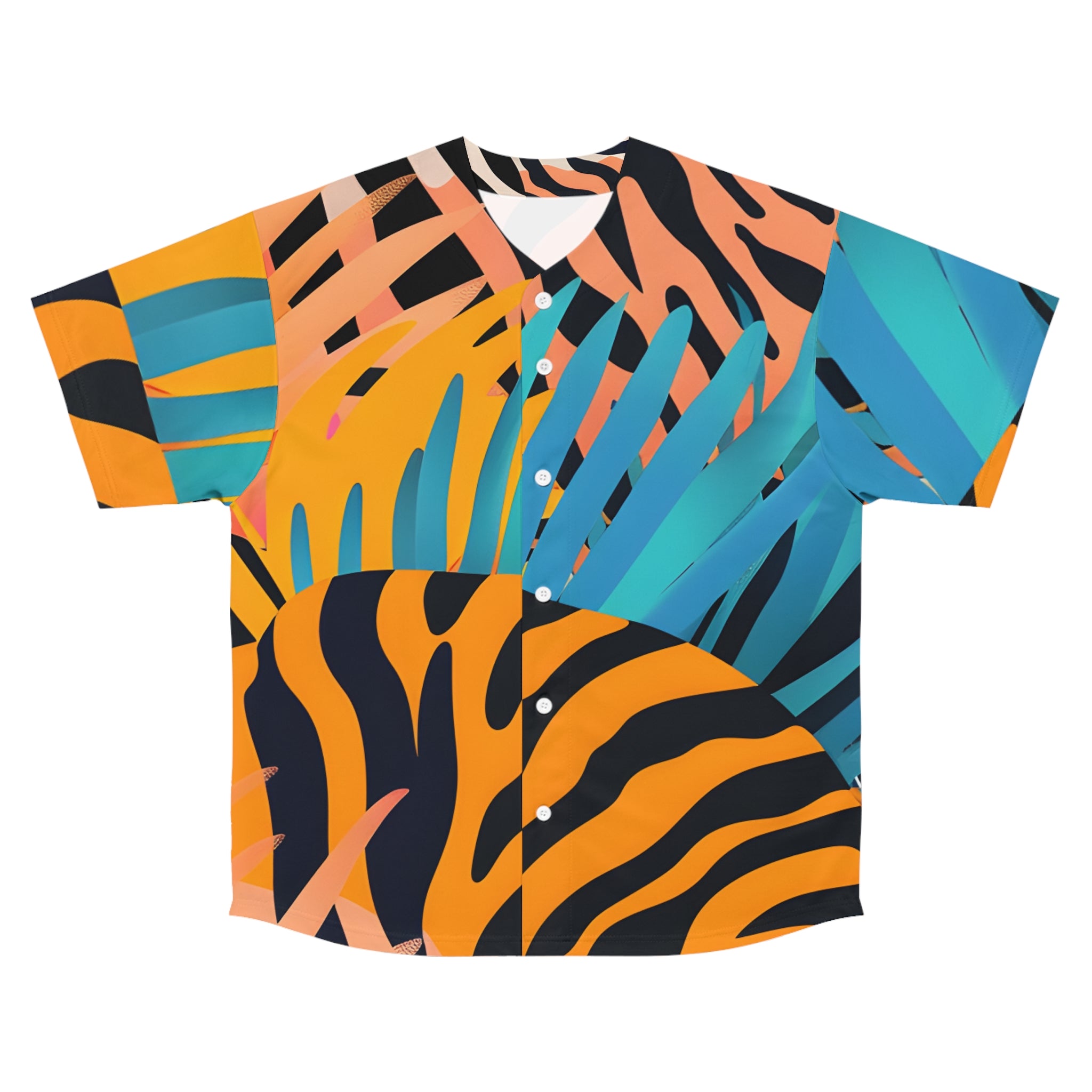 Palm Leaves x Zebra Stripes x Tiger Stripes Orange and Blue Men's Baseball Jersey (AOP), Artsulli - Art is Long, Life is Short, All Over Prints, Size, S, Color, Seam thread color automatically matched to design, , , 89063267951431