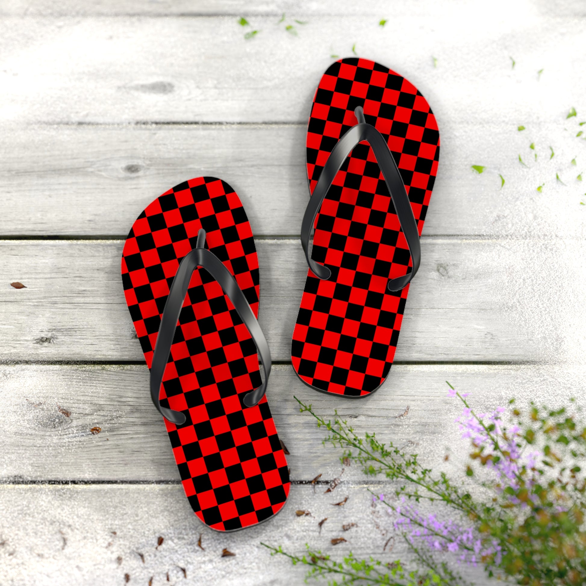 Checkerboard Red and Black Flip Flops, Artsulli - Art is Long, Life is Short, Shoes, , , , , , , 