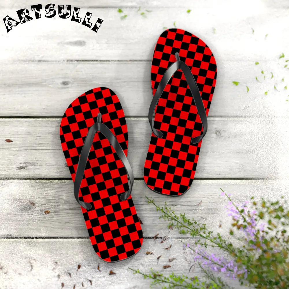 JAKKOUTTHEBXX Checkerboard Red and Black Flip Flops JAKKOUTTHEBXX