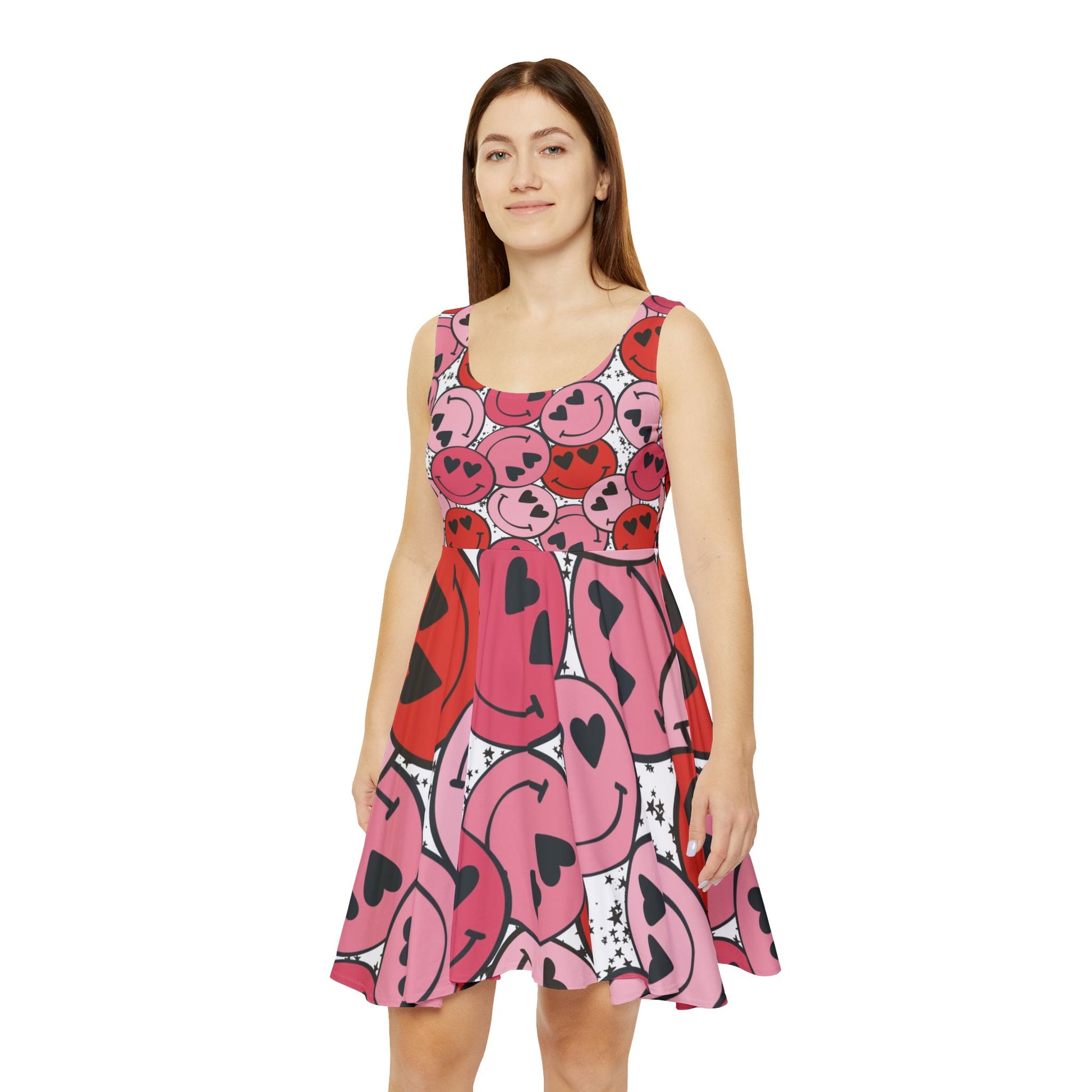 Smiley Face x Heart Eyes II Pink and Red Women's Skater Dress (AOP), Artsulli - Art is Long, Life is Short, All Over Prints, , , , , , , 