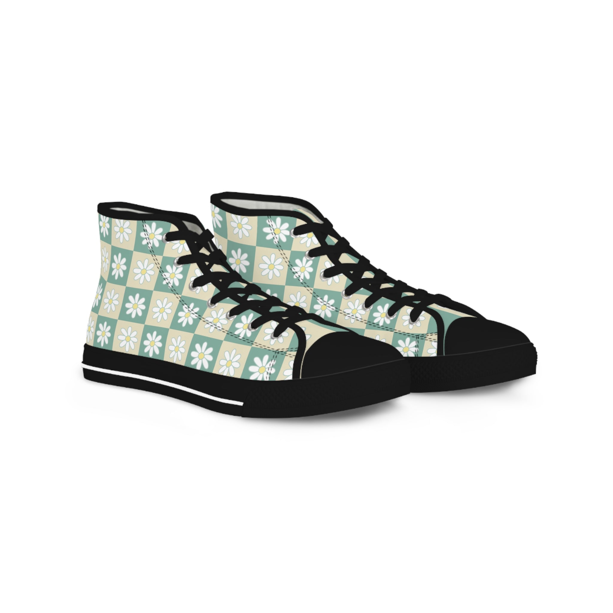 Retro Daisy Checkerboard Green and Tan Men's High Top Sneakers, Artsulli - Art is Long, Life is Short, Shoes, Size, US 5, Color, Black sole, , , 27864878300974950543