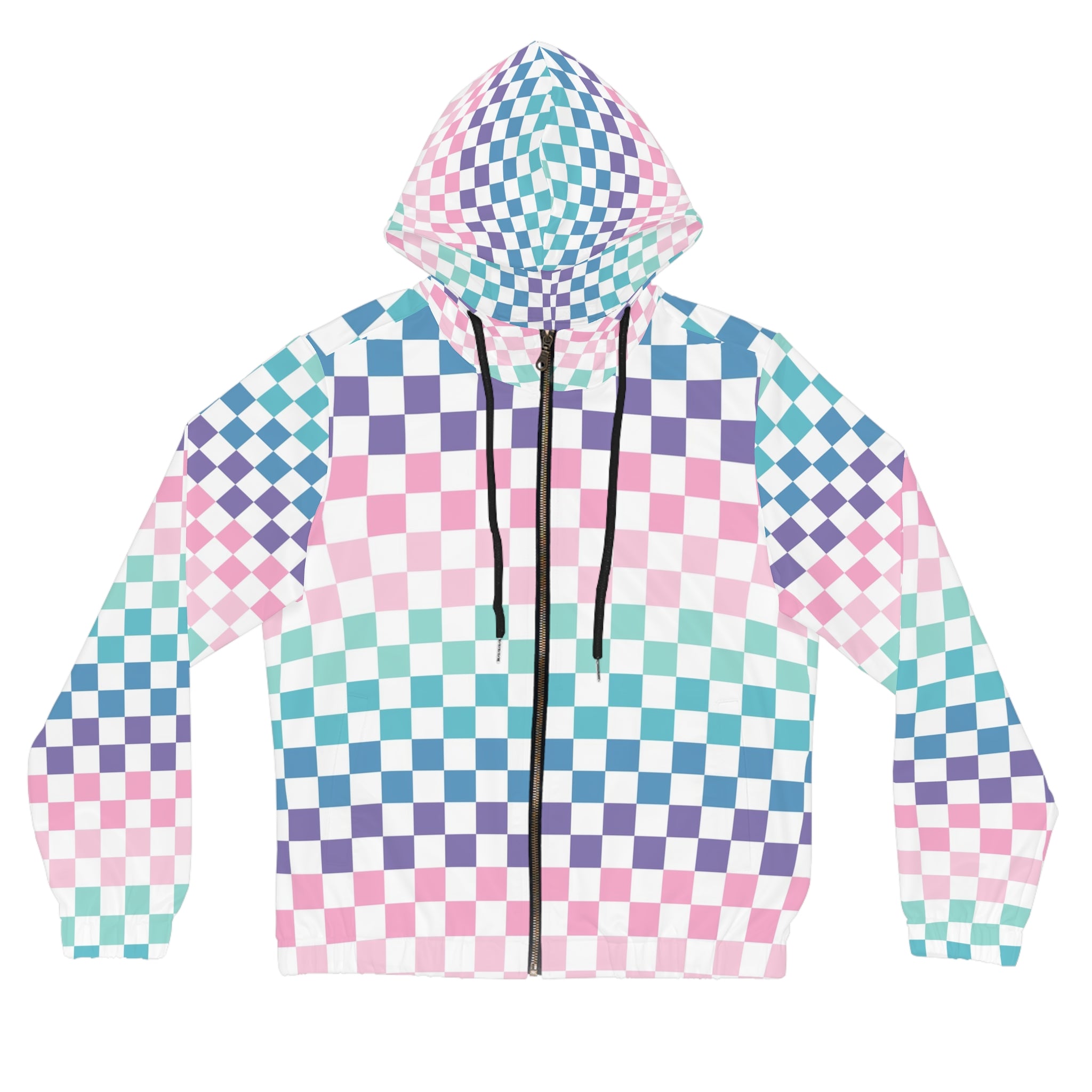 Vaporwave Rainbow  Checkerboard Multi-Color Women’s Full-Zip Hoodie (AOP), Artsulli - Art is Long, Life is Short, All Over Prints, Size, XS, Color, Black, , , 60838985902941671618