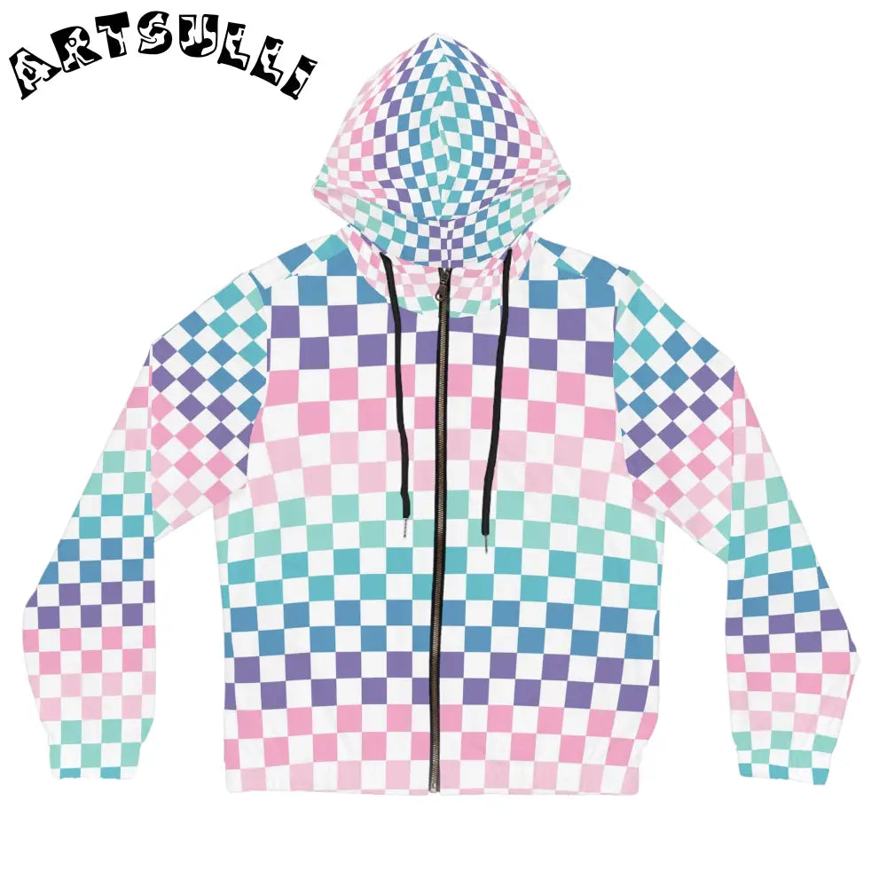 Vaporwave Rainbow  Checkerboard Multi-Color Women’s Full-Zip Hoodie (AOP), Artsulli - Art is Long, Life is Short, All Over Prints, Size, XS, Color, Black, , , 60838985902941671618