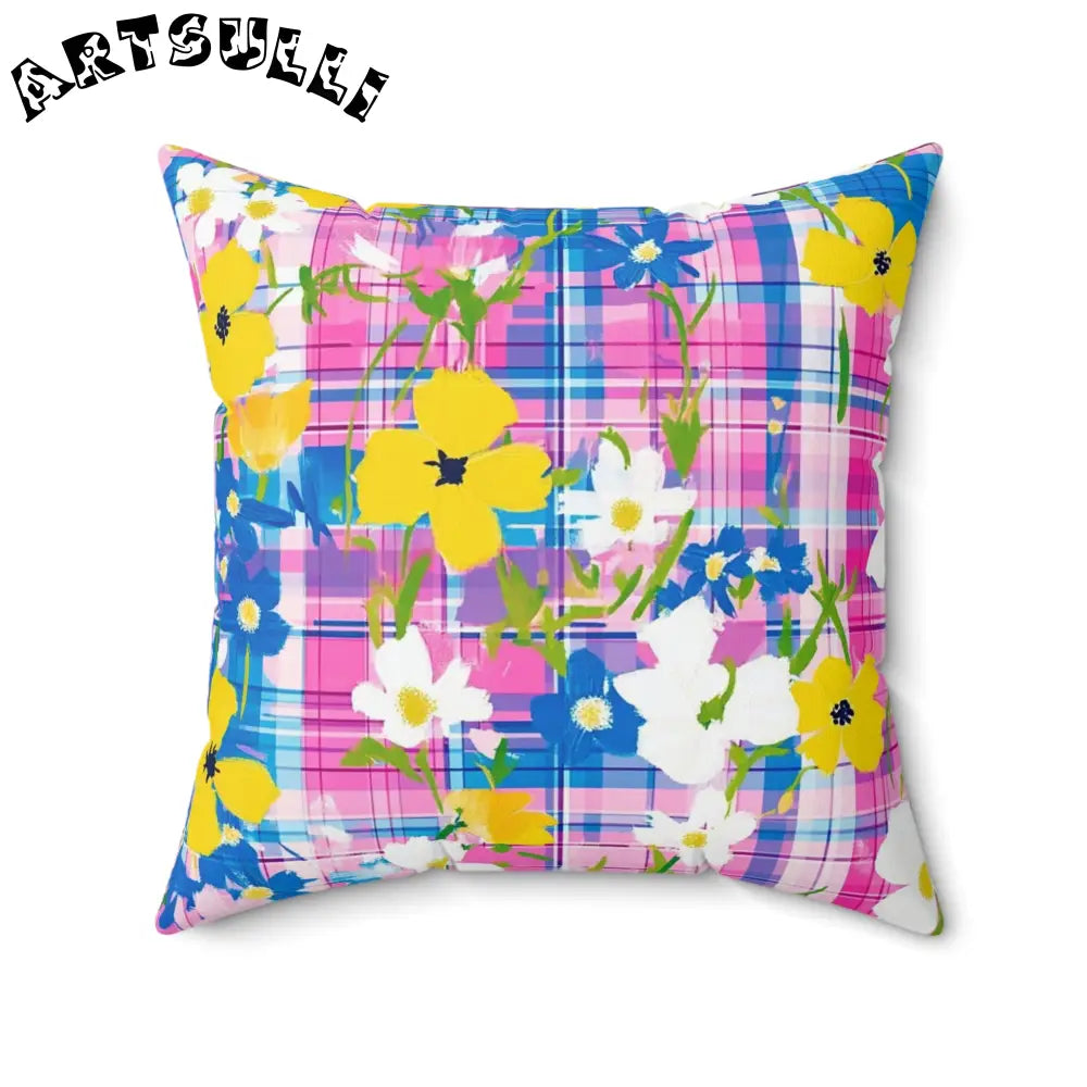 JAKKOUTTHEBXX Plaid Garden III Pink and Blue Spun Polyester Square