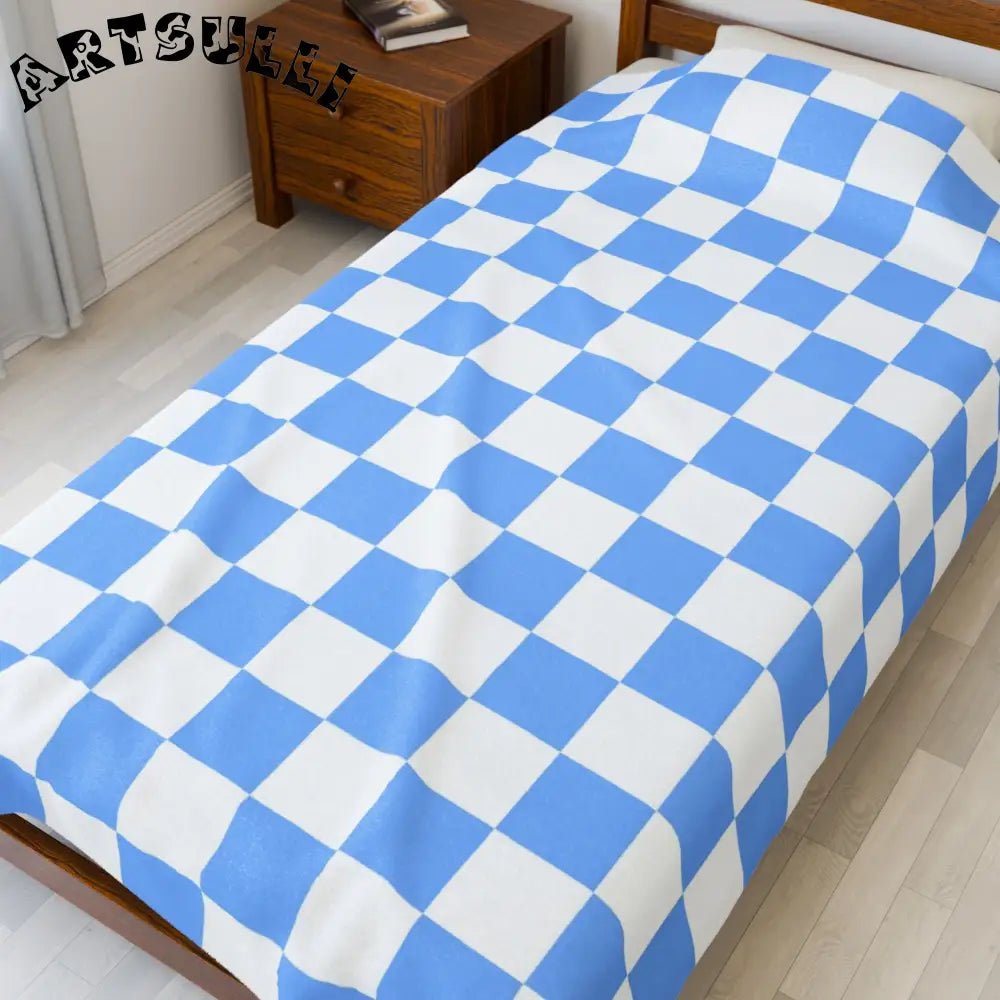 JAKKOUTTHEBXX Checkerboard White and Light Blue Velveteen Plush