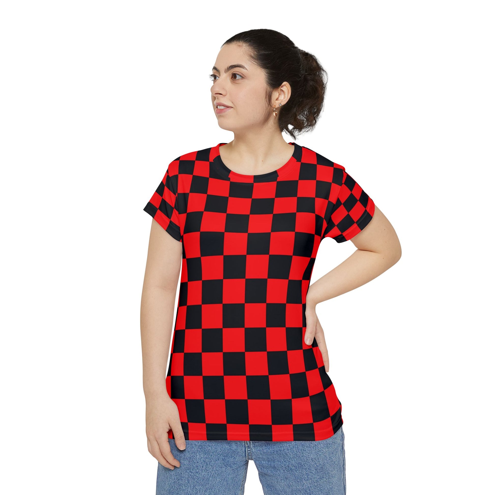 Checkerboard Red and Black Women's Short Sleeve Shirt (AOP), Artsulli - Art is Long, Life is Short, All Over Prints, , , , , , , 