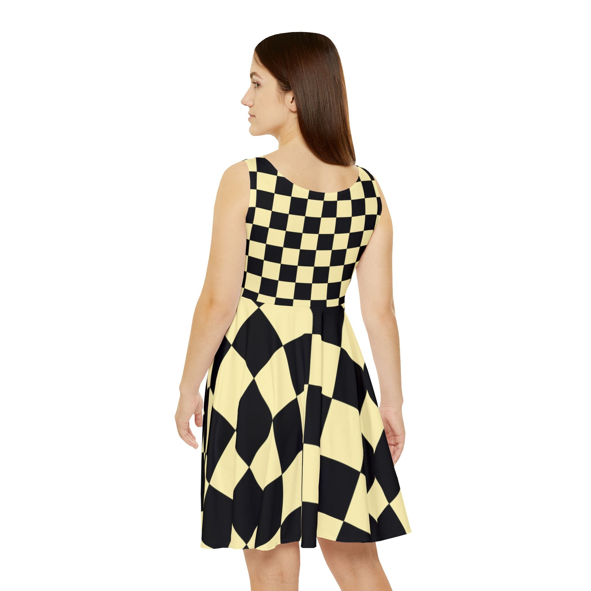 Checkerboard Black and Yellow Women's Skater Dress (AOP), Artsulli - Art is Long, Life is Short, All Over Prints, , , , , , , 