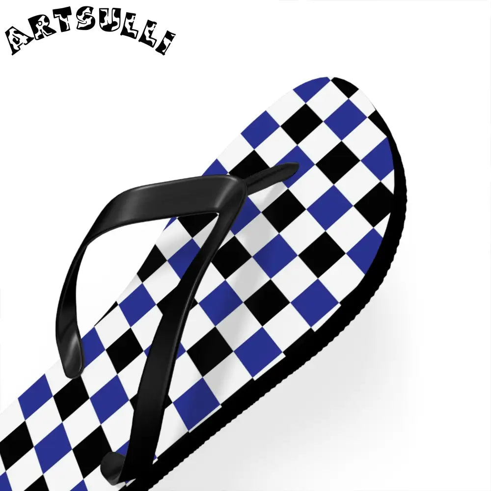 JAKKOUTTHEBXX Checkerboard Blue White and Black Flip Flops