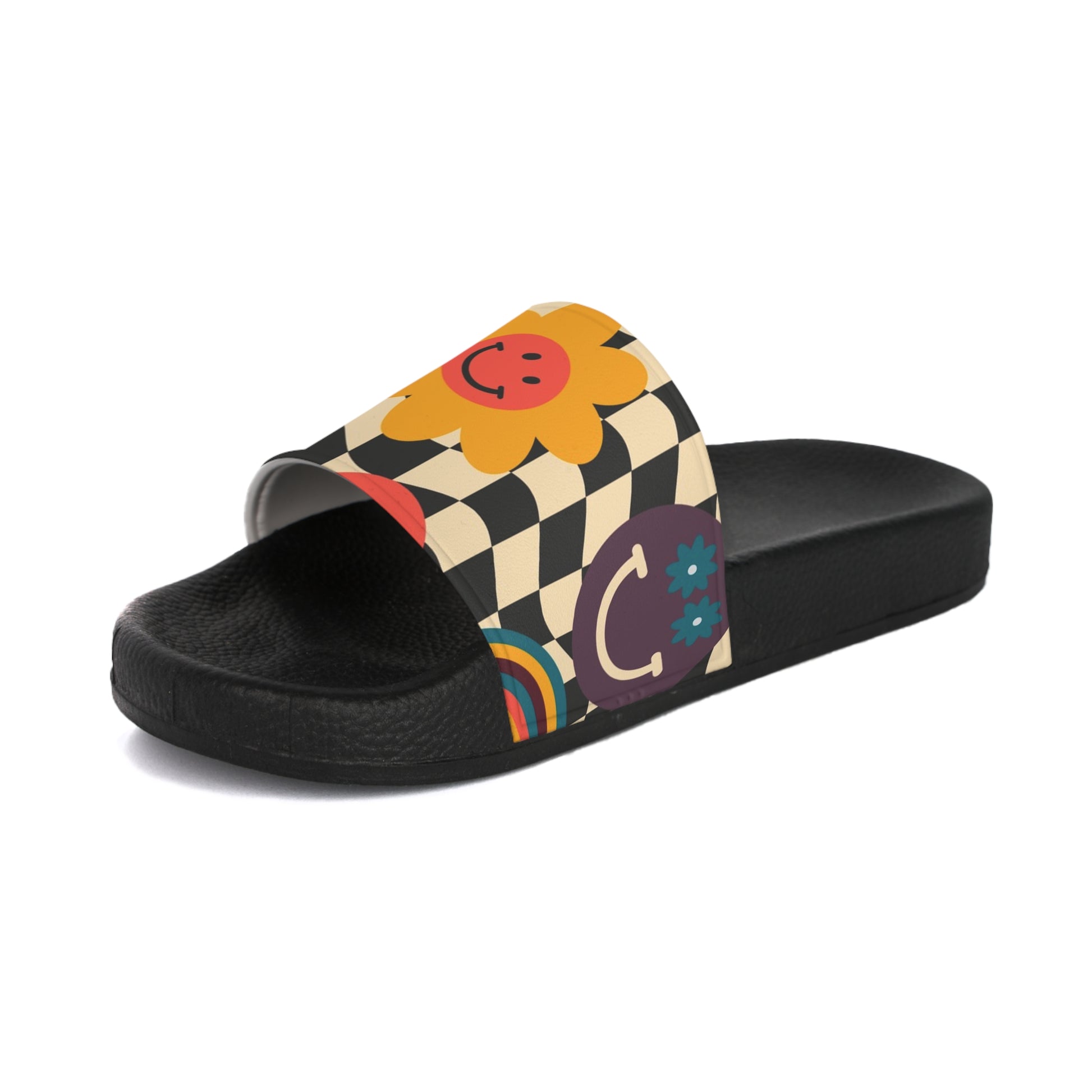 Trippy x Wavy Checkerboard x Smiley Face x Rainbow x Flowers Multi-Color Women's Slide Sandals, Artsulli - Art is Long, Life is Short, Shoes, , , , , , , 