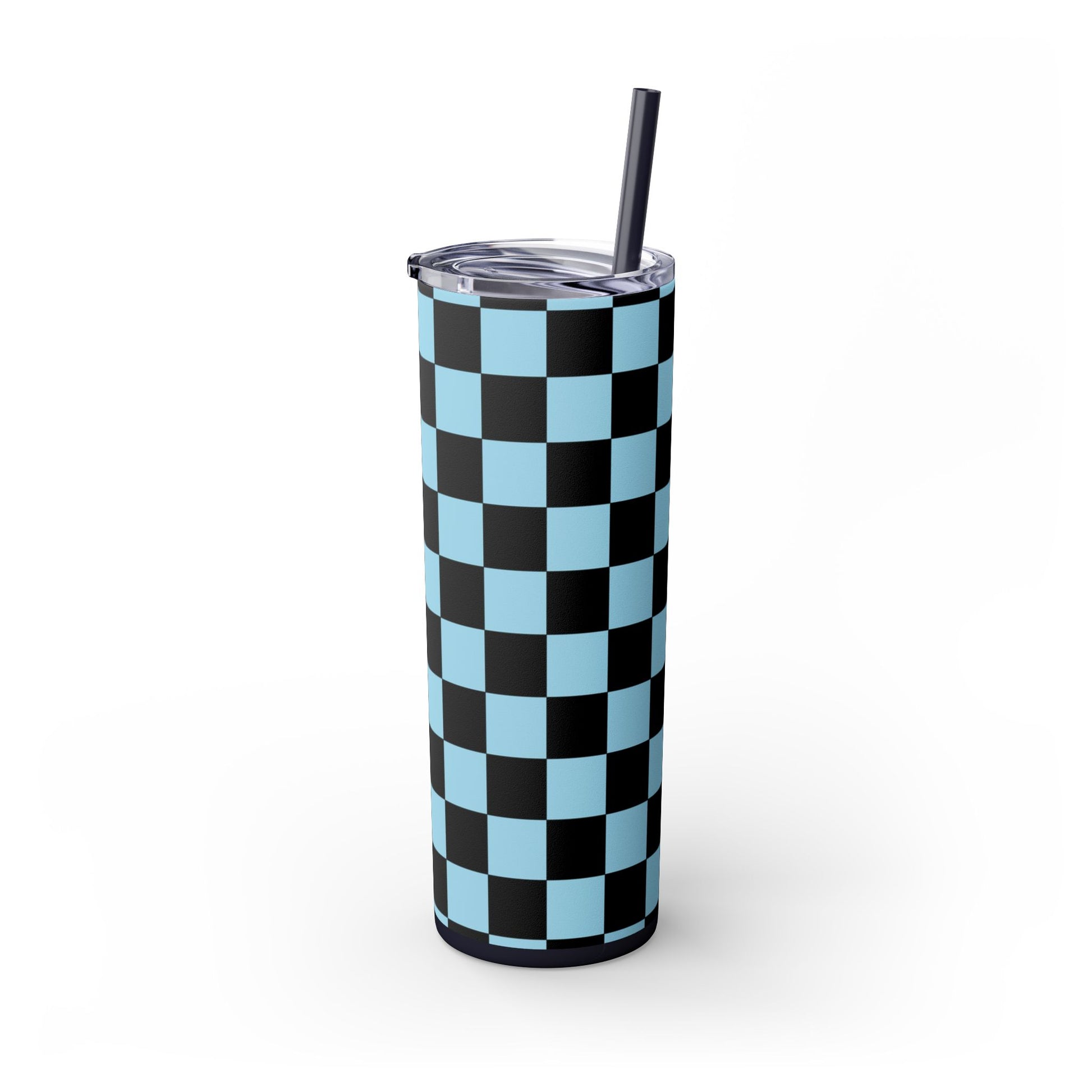 Checkerboard Black and Blue Skinny Tumbler with Straw, 20oz, Artsulli - Art is Long, Life is Short, Mug, , , , , , , 