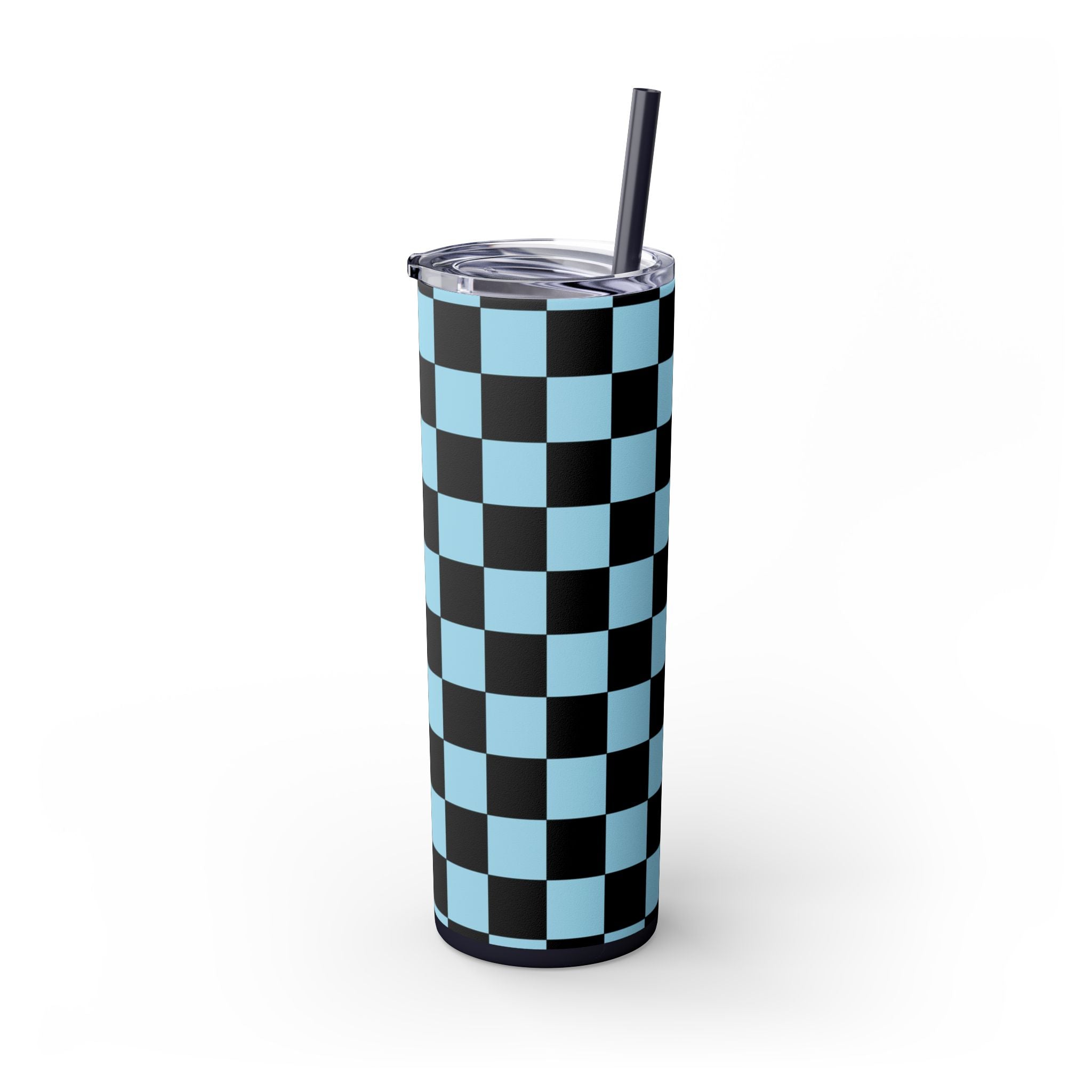 Checkerboard Black and Blue Skinny Tumbler with Straw, 20oz, Artsulli - Art is Long, Life is Short, Mug, , , , , , , 