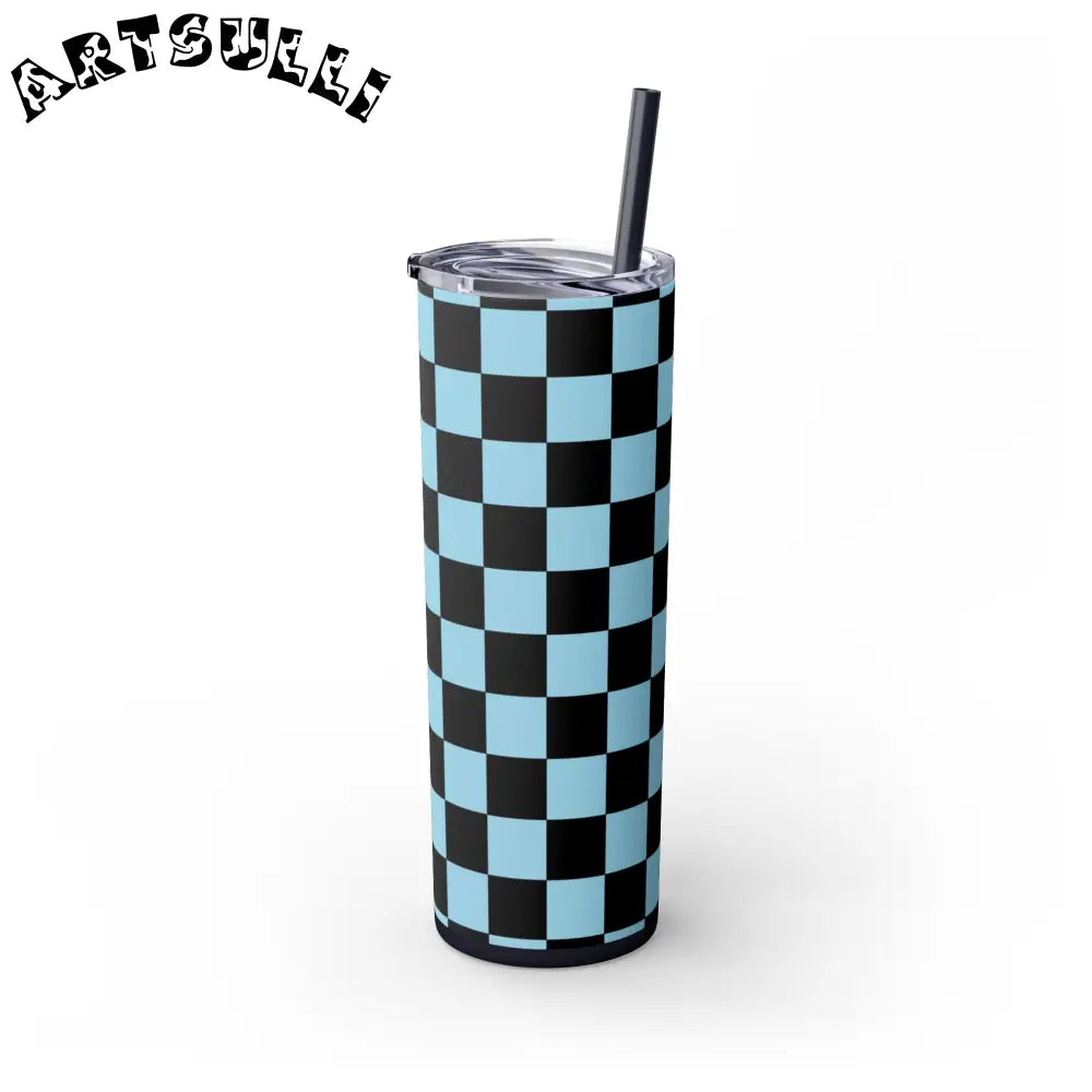 JAKKOUTTHEBXX Checkerboard Black and Blue Skinny Tumbler with Straw