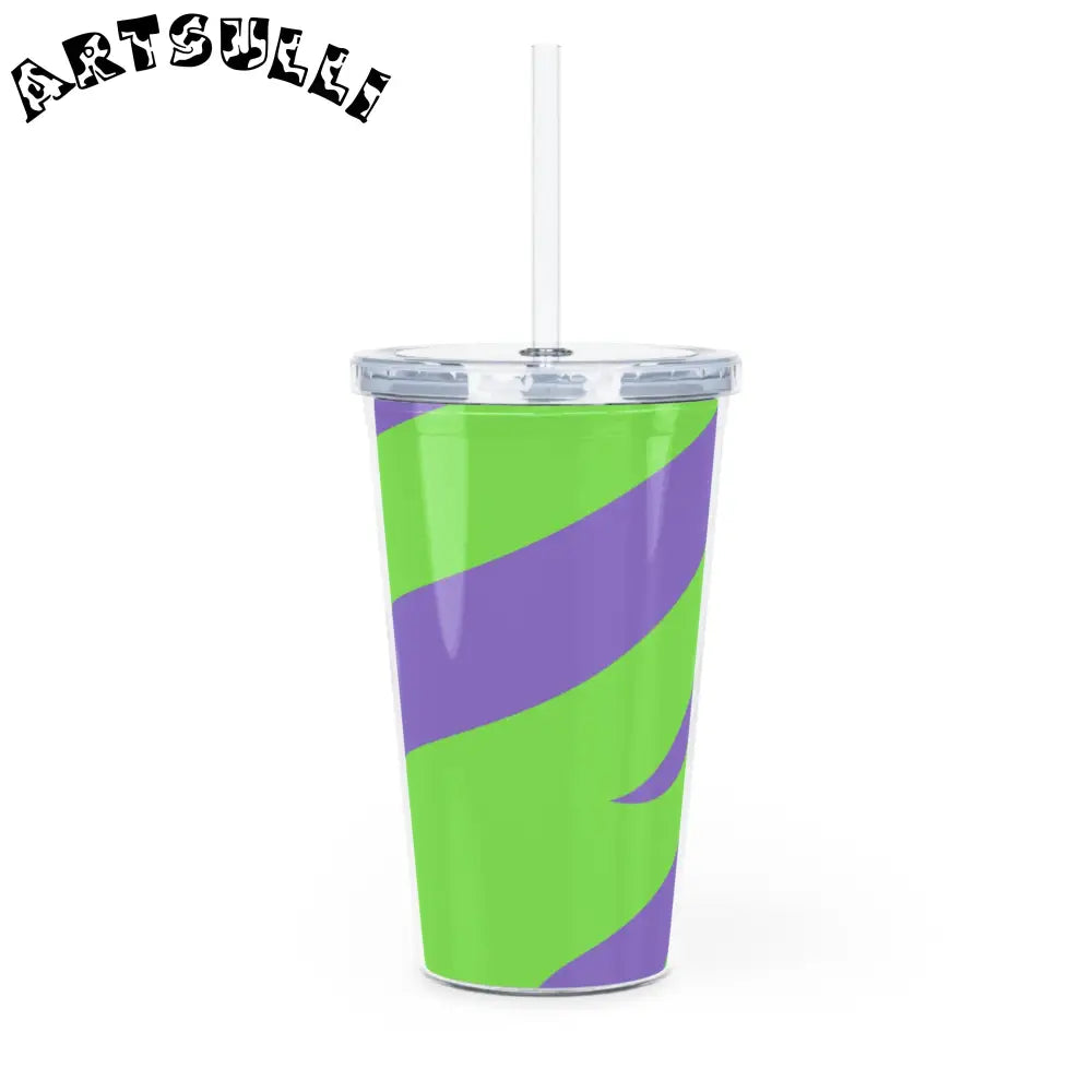 JAKKOUTTHEBXX Tyrannosaurus Print Green and Purple Plastic Tumbler