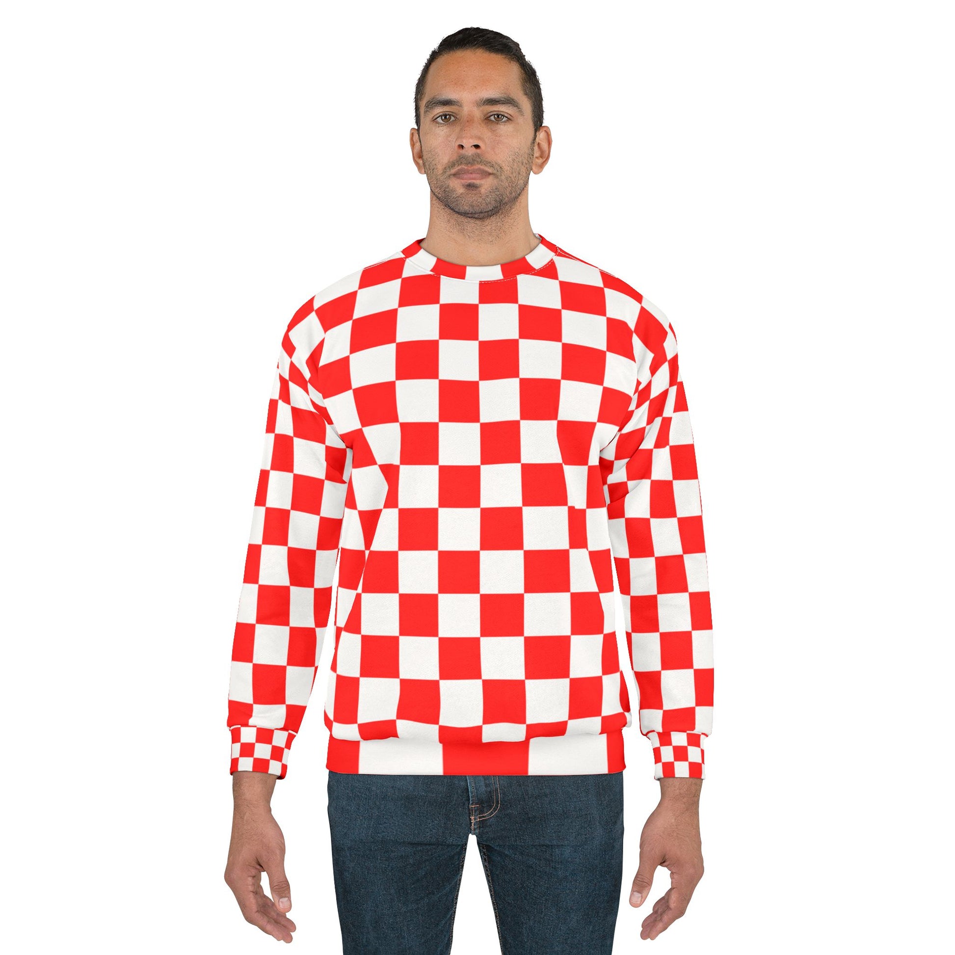 Checkerboard Red and White Unisex Sweatshirt (AOP), Artsulli - Art is Long, Life is Short, All Over Prints, , , , , , , 