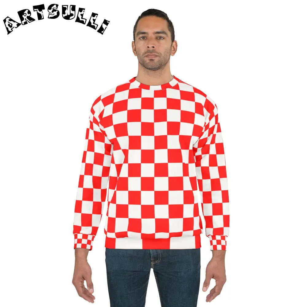 JAKKOUTTHEBXX Checkerboard Red and White Unisex Sweatshirt (AOP)