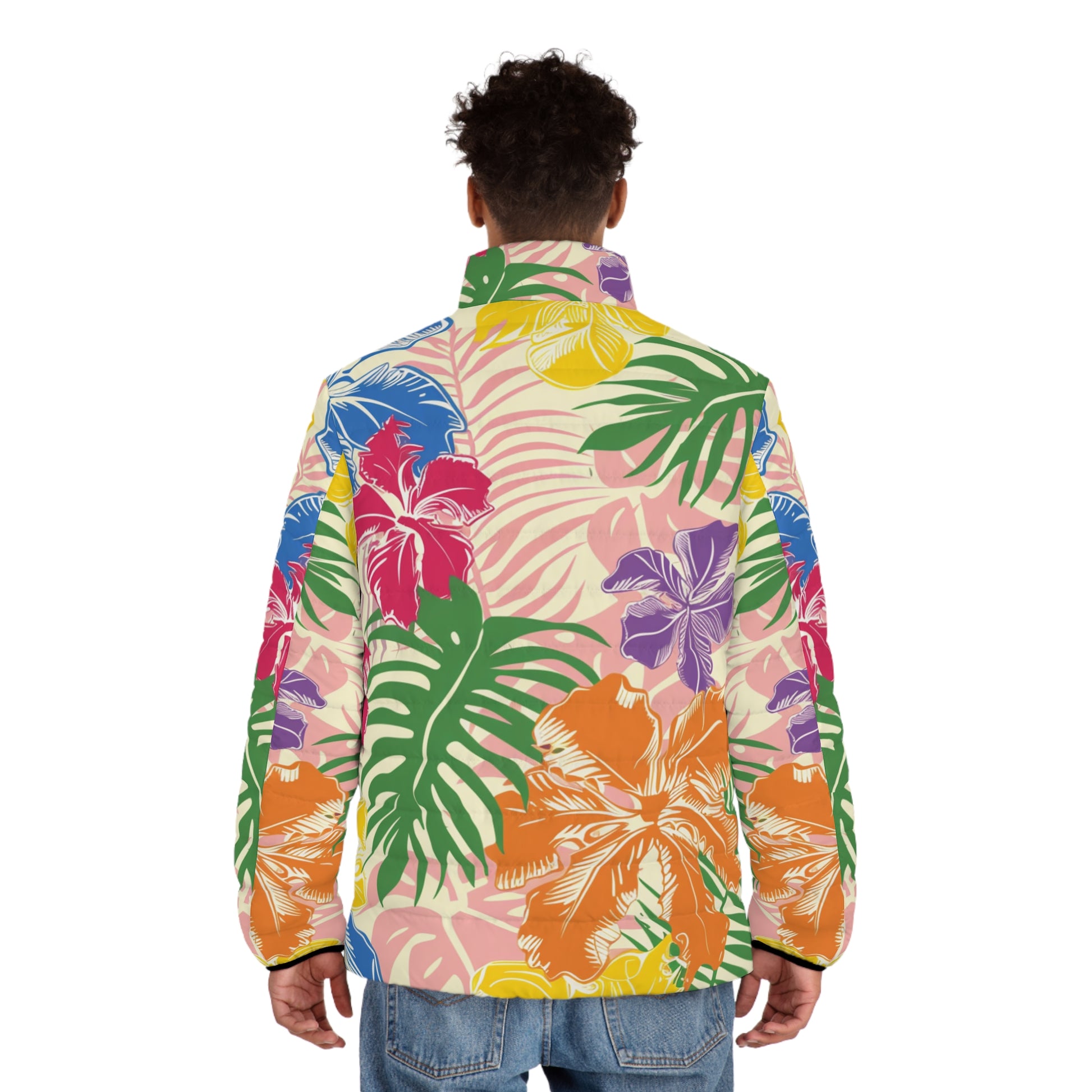 Blooming Tropical Flowers Men's Puffer Jacket (AOP), Artsulli - Art is Long, Life is Short, All Over Prints, , , , , , , 