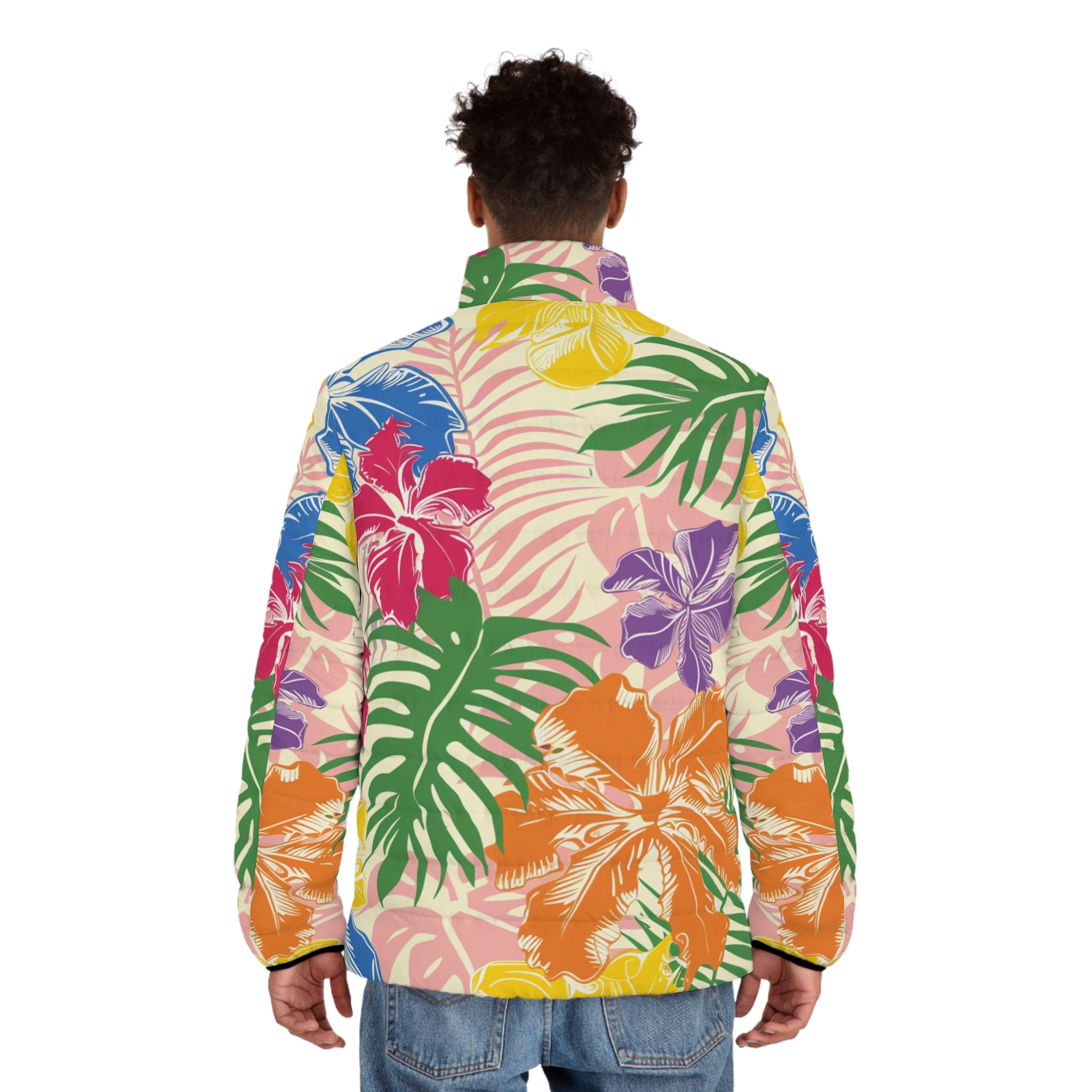 Blooming Tropical Flowers Men's Puffer Jacket (AOP), Artsulli - Art is Long, Life is Short, All Over Prints, , , , , , , 