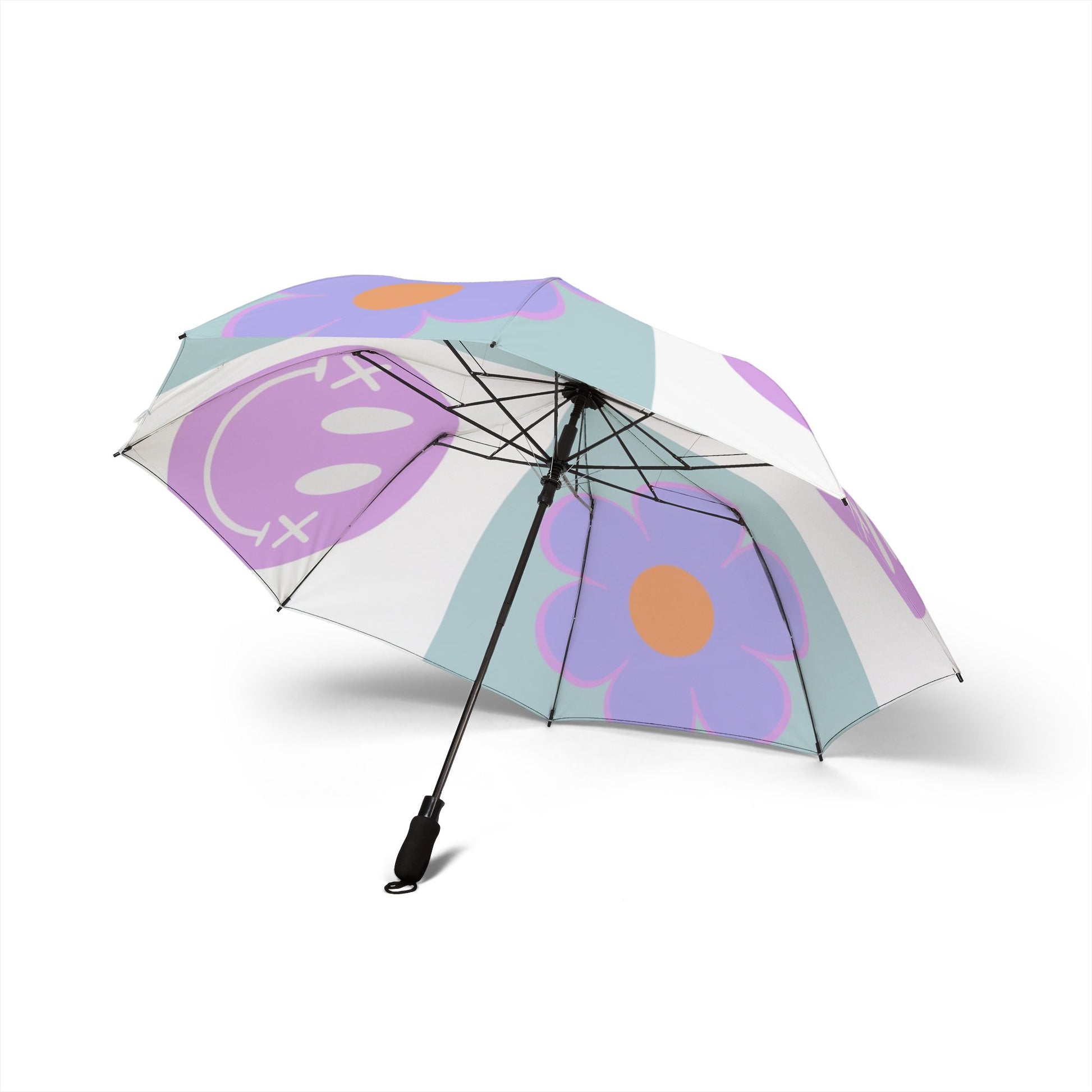 Flower x Smiley Face x Checkerboard Purple Semi-Automatic Foldable Umbrella, Artsulli - Art is Long, Life is Short, Accessories, , , , , , , 