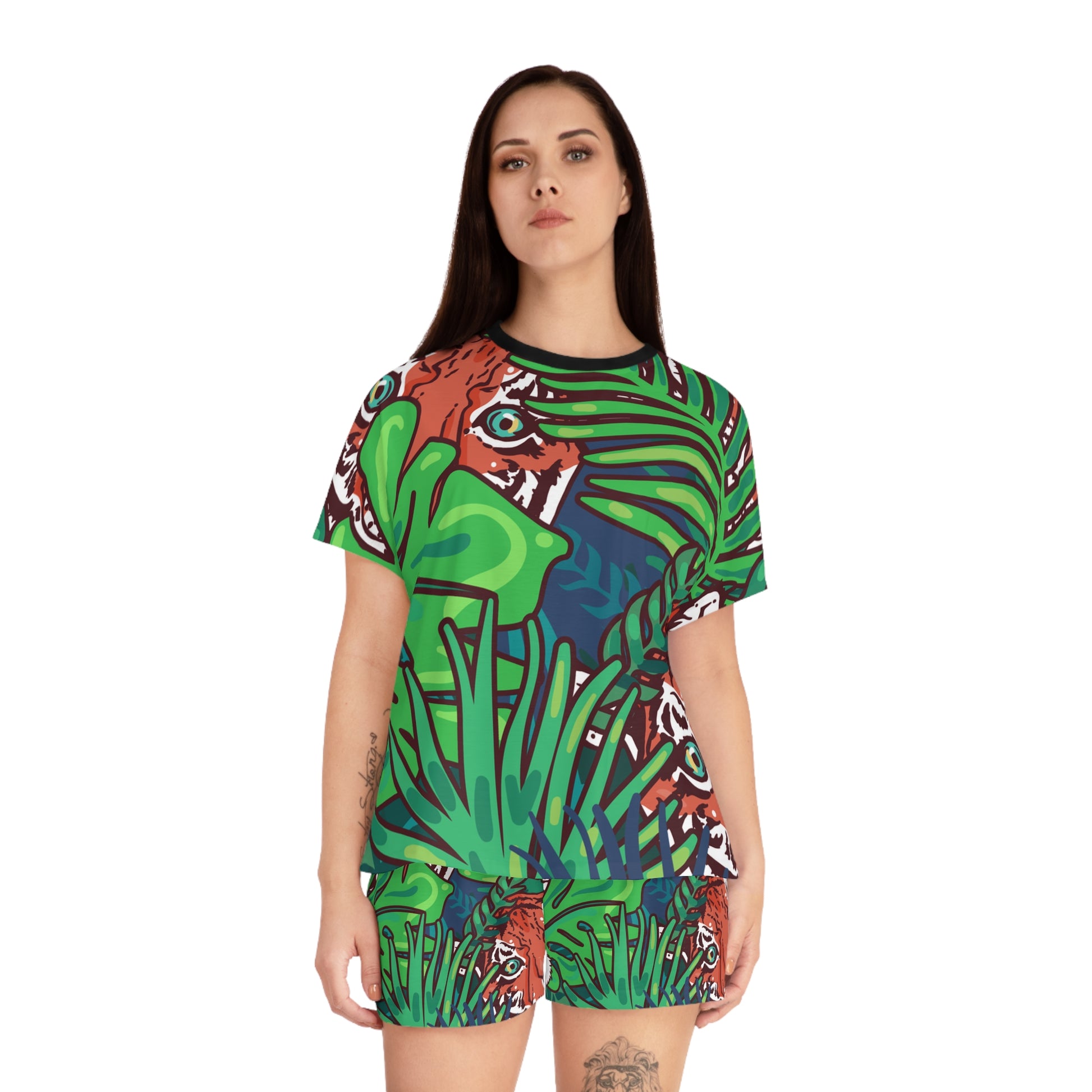 Tropical Jungle Tigers Blue and Green Women's Short Pajama Set (AOP), Artsulli - Art is Long, Life is Short, All Over Prints, , , , , , , 