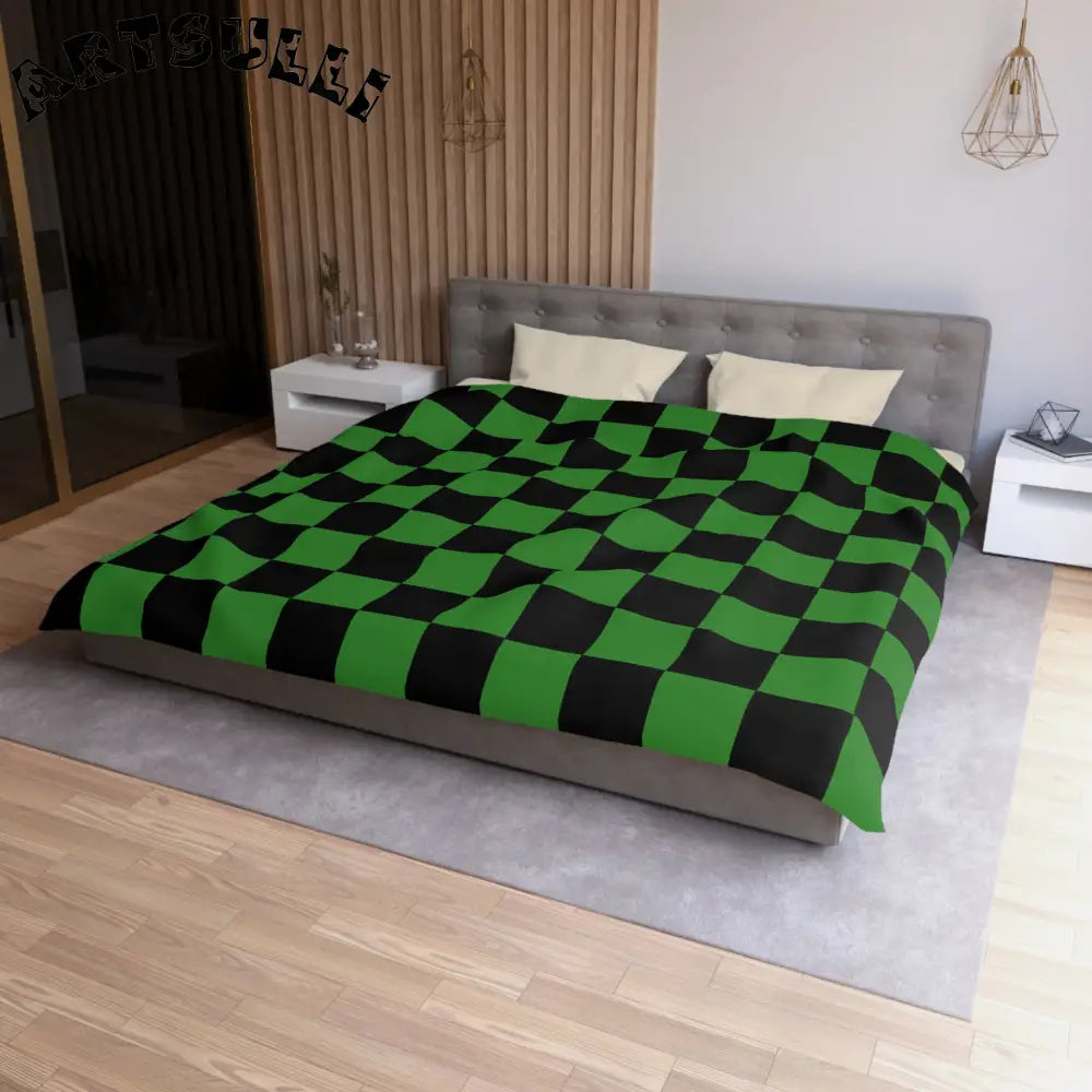 JAKKOUTTHEBXX Checkerboard Green and Black Microfiber Duvet Cover