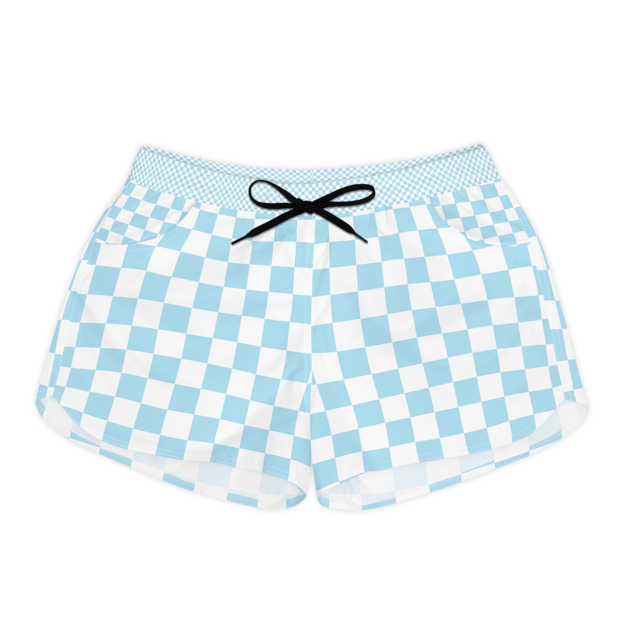 Checkerboard Sky Blue Women's Casual Shorts (AOP), Artsulli - Art is Long, Life is Short, All Over Prints, Size, S, Color, Black drawstring, , , 23696296754338239622