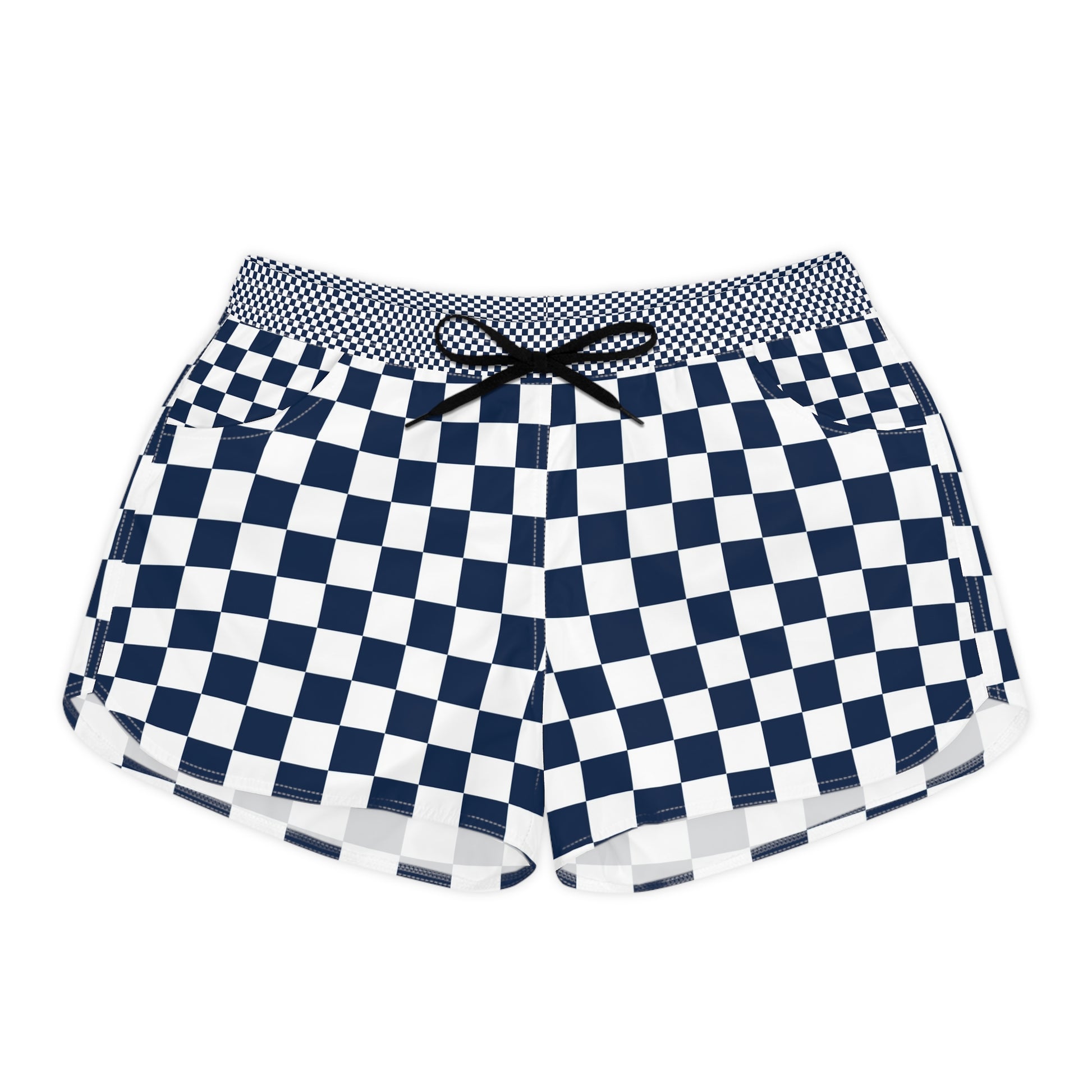 Checkerboard White and Navy Blue Women's Casual Shorts (AOP), Artsulli - Art is Long, Life is Short, All Over Prints, Size, S, Color, Black drawstring, , , 31688506463052238152