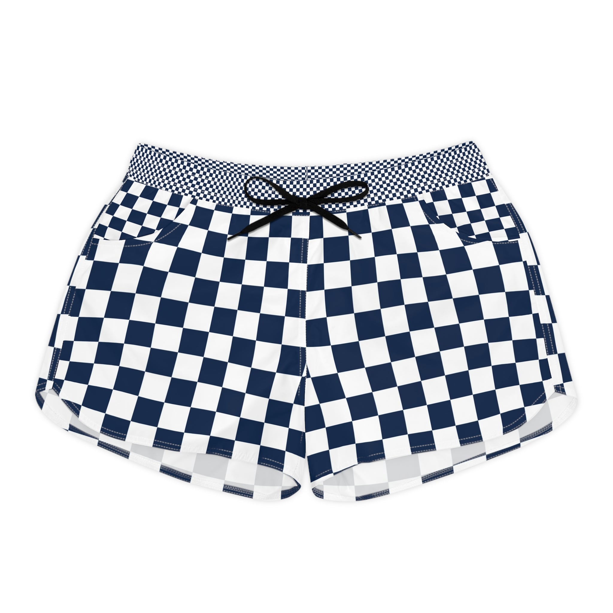 Checkerboard White and Navy Blue Women's Casual Shorts (AOP), Artsulli - Art is Long, Life is Short, All Over Prints, Size, S, Color, Black drawstring, , , 31688506463052238152
