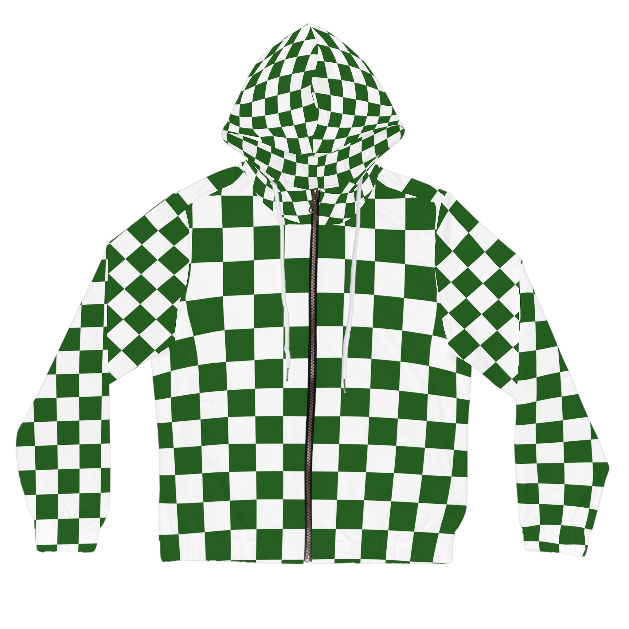Checkerboard White and Dark Green Women’s Full-Zip Hoodie (AOP), Artsulli - Art is Long, Life is Short, All Over Prints, Size, XS, Color, White, , , 96460251432727114786