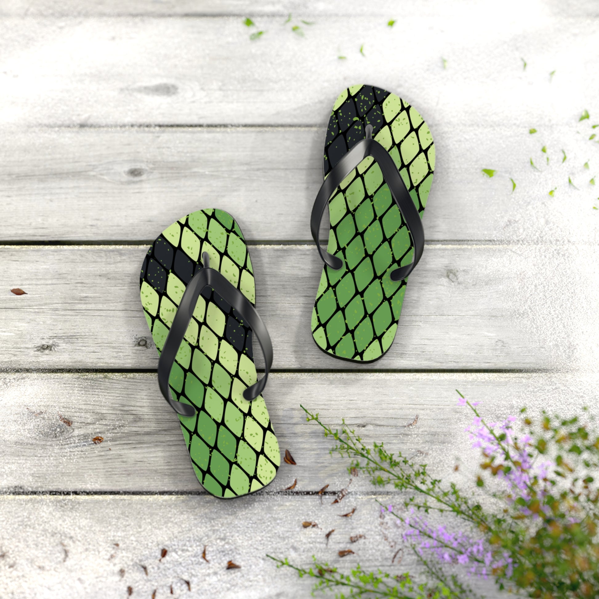 Snake Skin Green and Black Flip Flops, Artsulli - Art is Long, Life is Short, Shoes, , , , , , , 