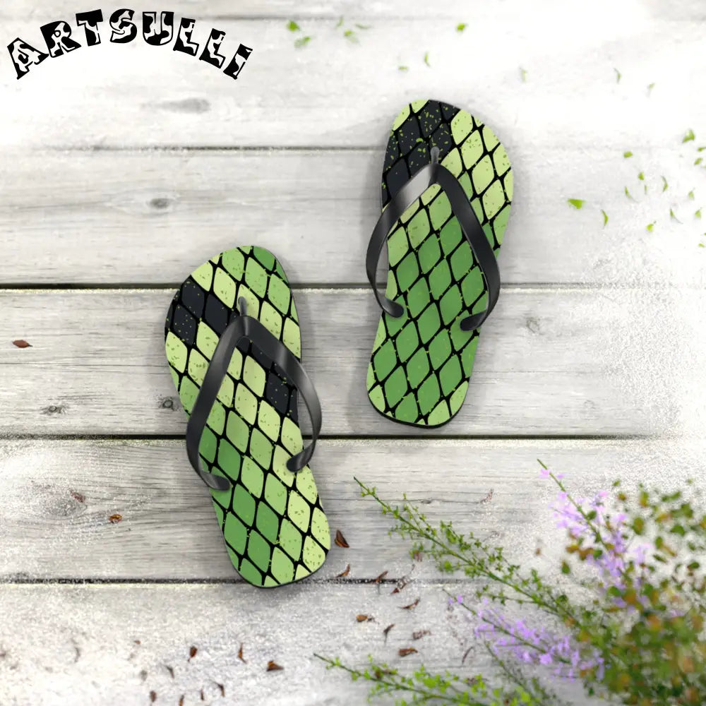 JAKKOUTTHEBXX Snake Skin Green and Black Flip Flops JAKKOUTTHEBXX