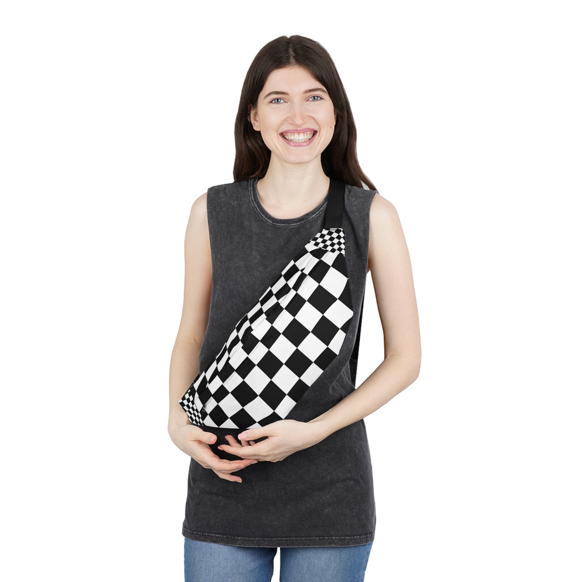 Checkerboard Black and White Large Fanny Pack, Artsulli - Art is Long, Life is Short, Bags, , , , , , , 