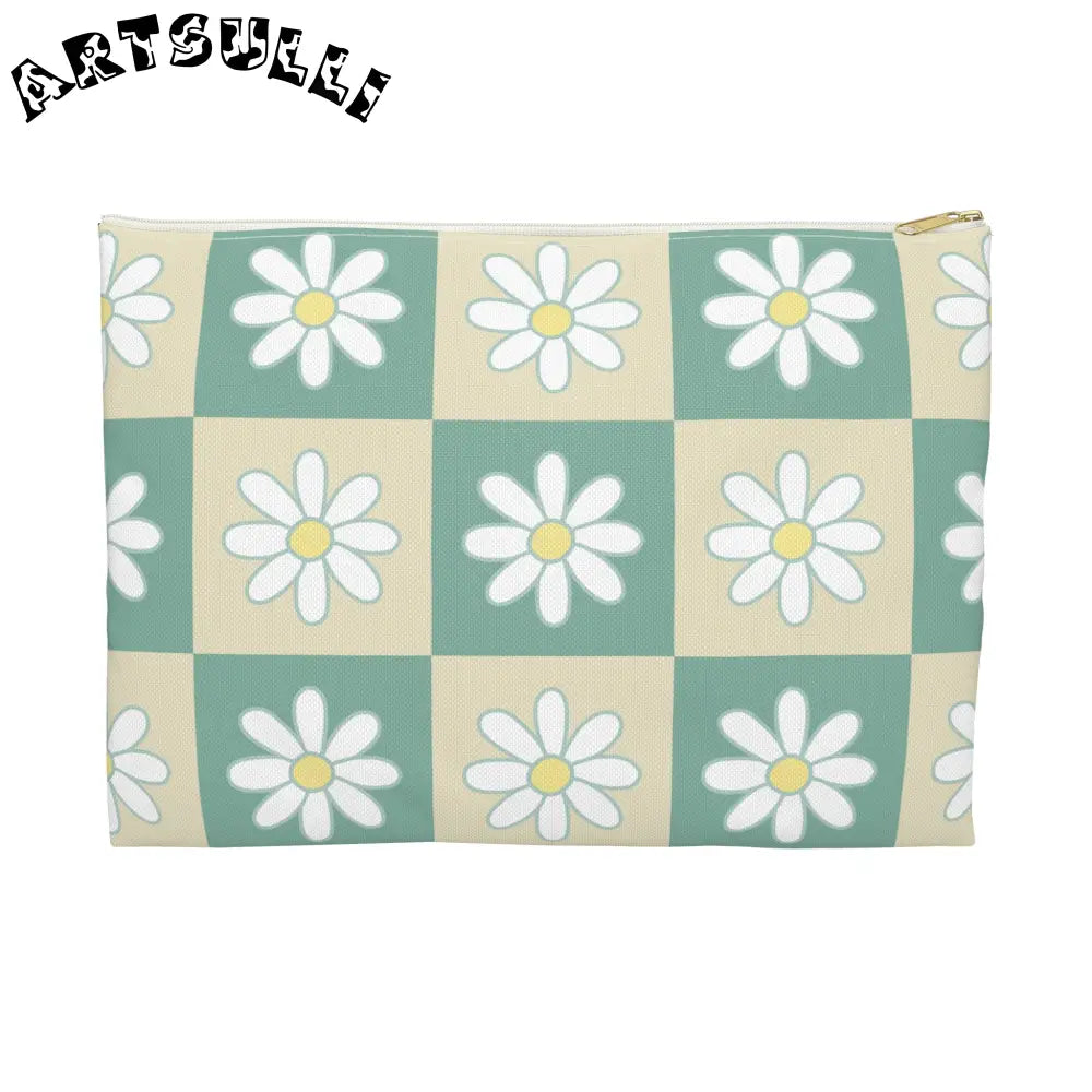 JAKKOUTTHEBXX Retro Daisy Checkerboard Green and Tan Accessory Pouch