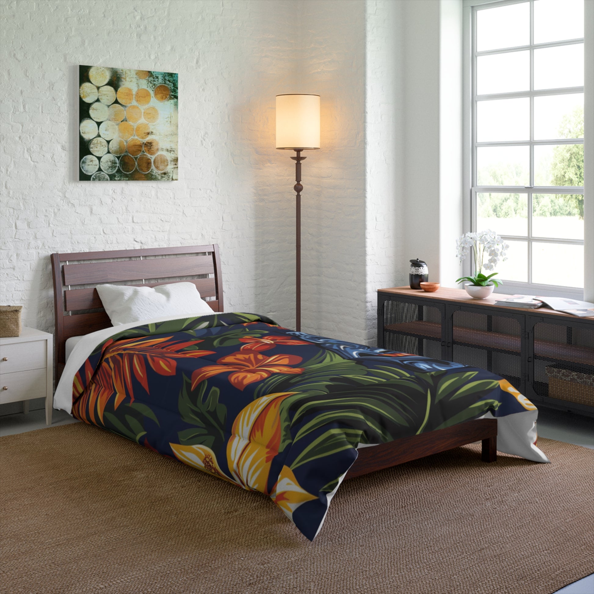 Tiki Bloom Navy Comforter, Artsulli - Art is Long, Life is Short, Home Decor, , , , , , , 