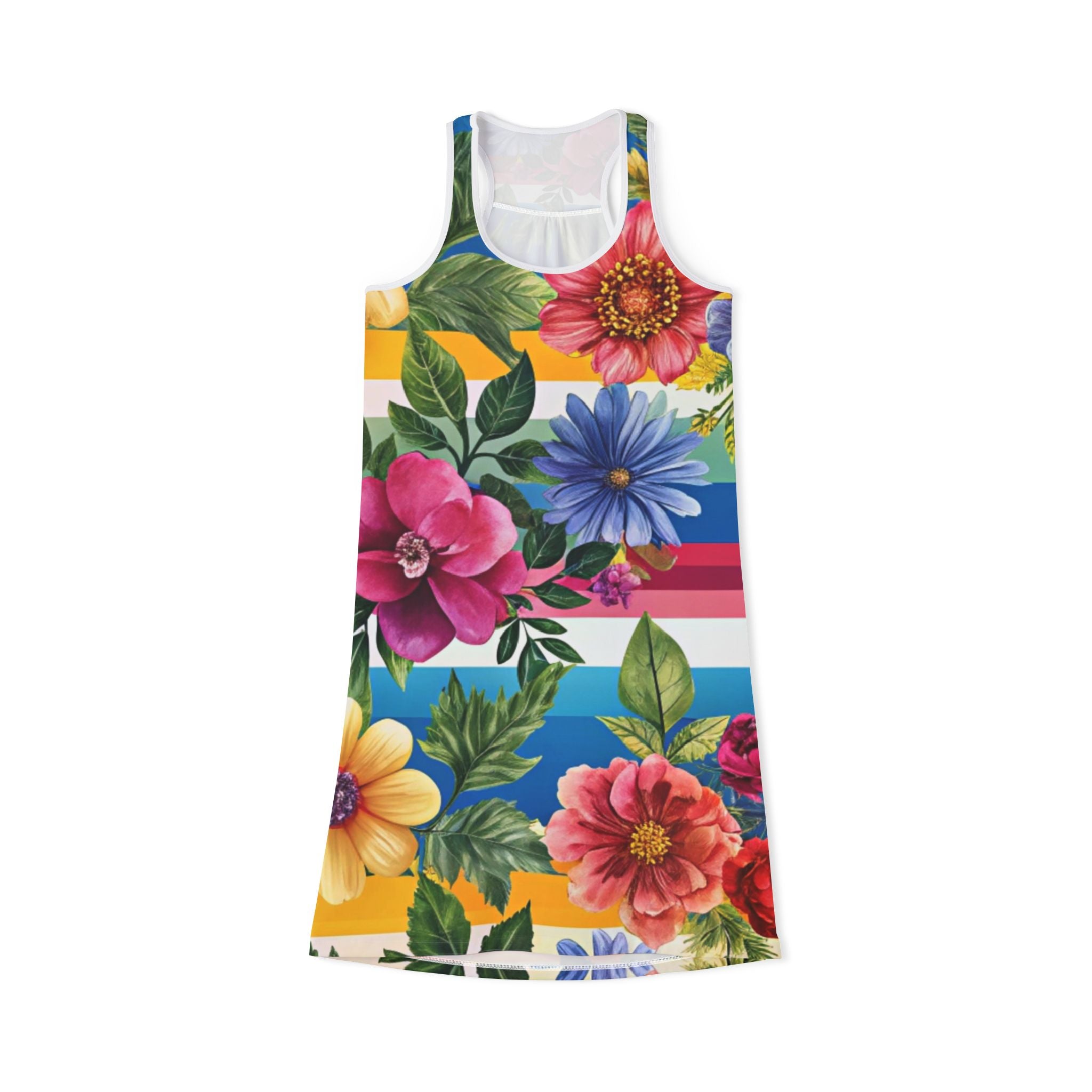 Floral Stripe 4K Women's Racerback Dress (AOP), Artsulli - Art is Long, Life is Short, Tank Top, Size, XS, Color, White, , , 16590807561197593727