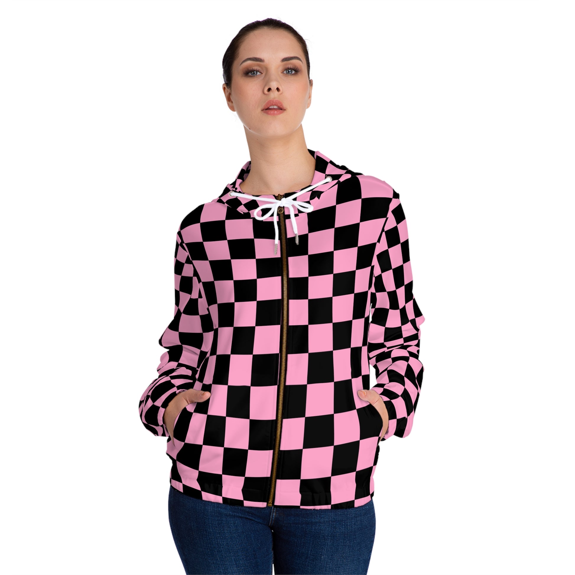Checkerboard Black and Pink Women’s Full-Zip Hoodie (AOP), Artsulli - Art is Long, Life is Short, All Over Prints, , , , , , , 