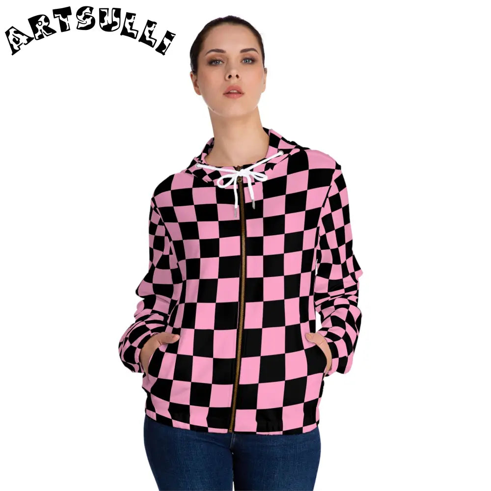 JAKKOUTTHEBXX Checkerboard Black and Pink Women’s Full-Zip Hoodie