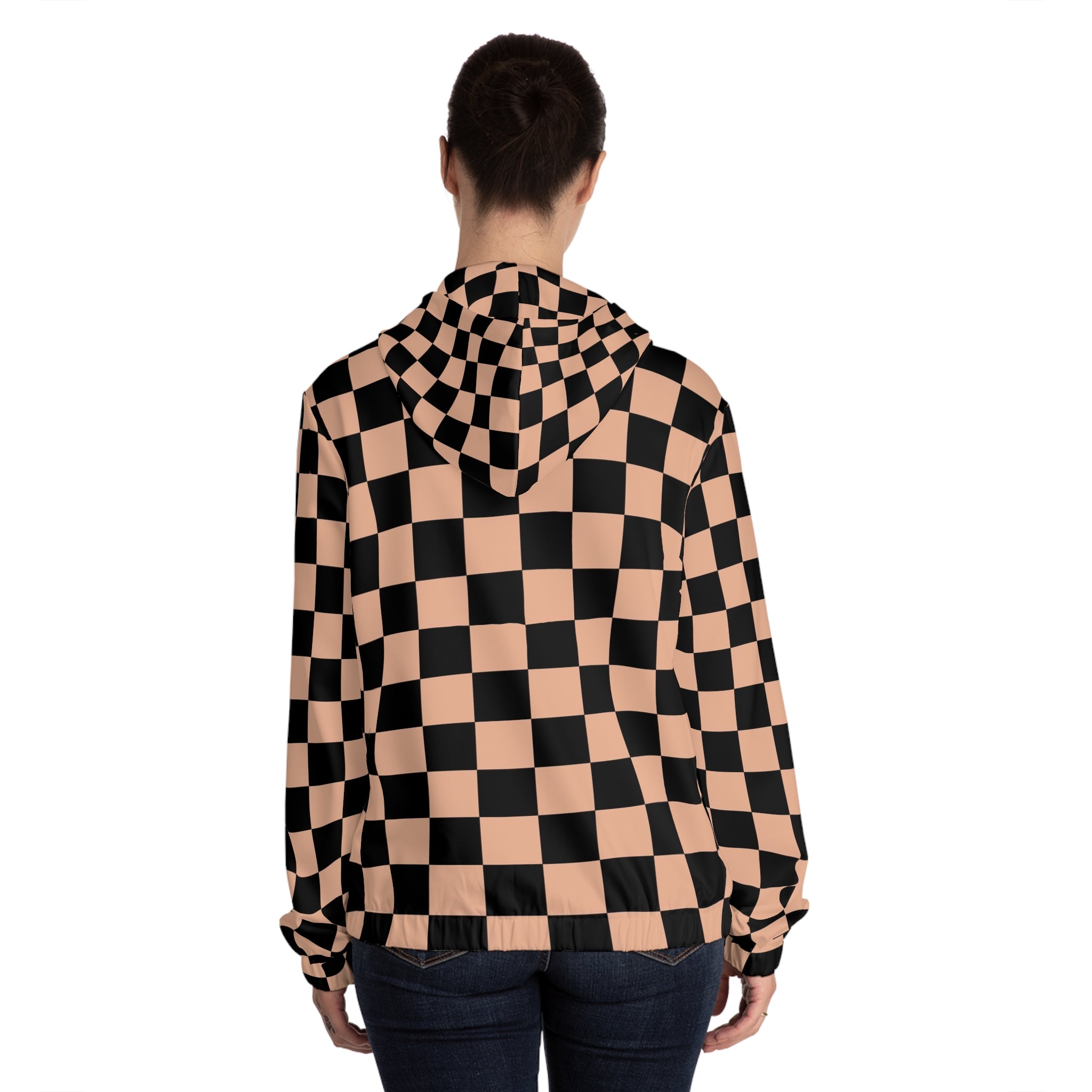 Checkerboard Soft Orange and Black Women’s Full-Zip Hoodie (AOP), Artsulli - Art is Long, Life is Short, All Over Prints, , , , , , , 