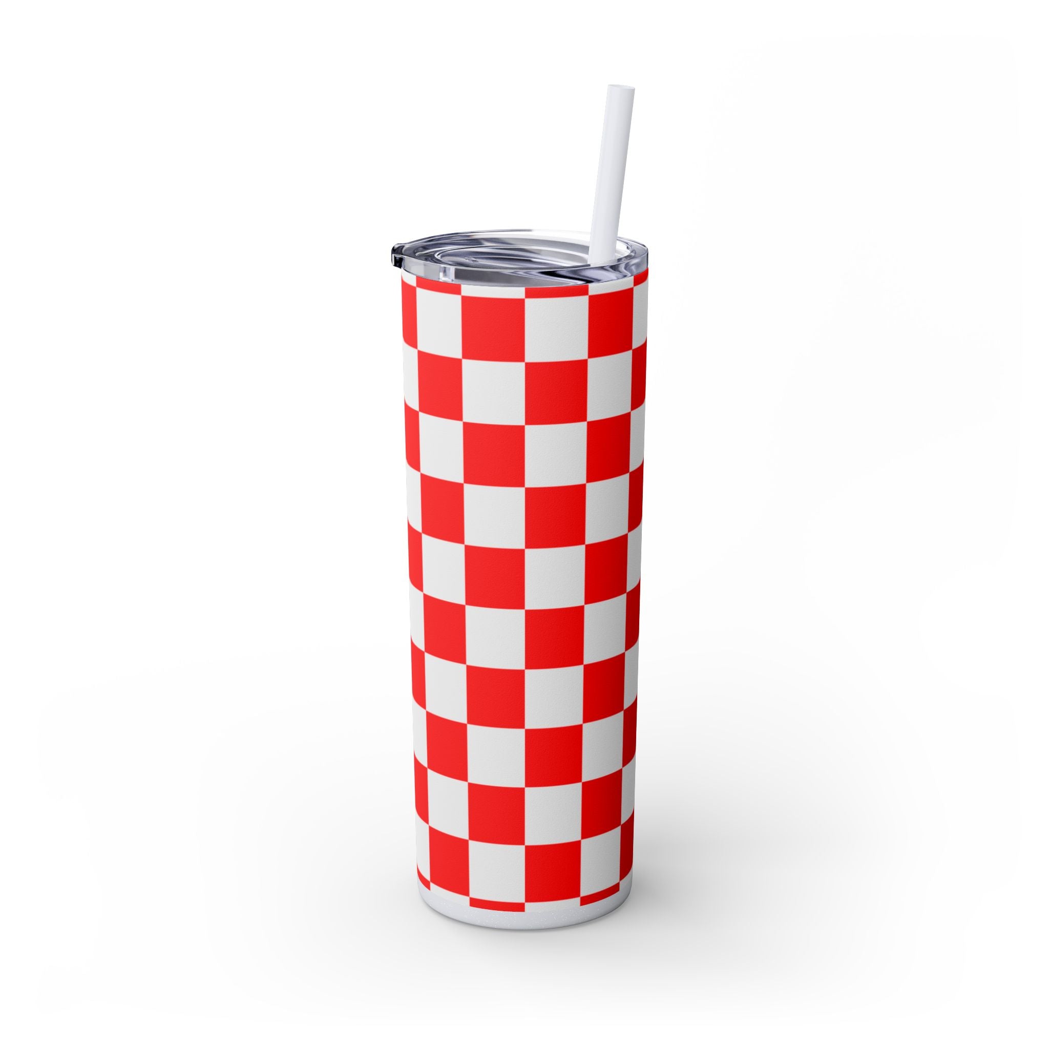 Checkerboard Red and White Skinny Tumbler with Straw, 20oz, Artsulli - Art is Long, Life is Short, Mug, , , , , , , 