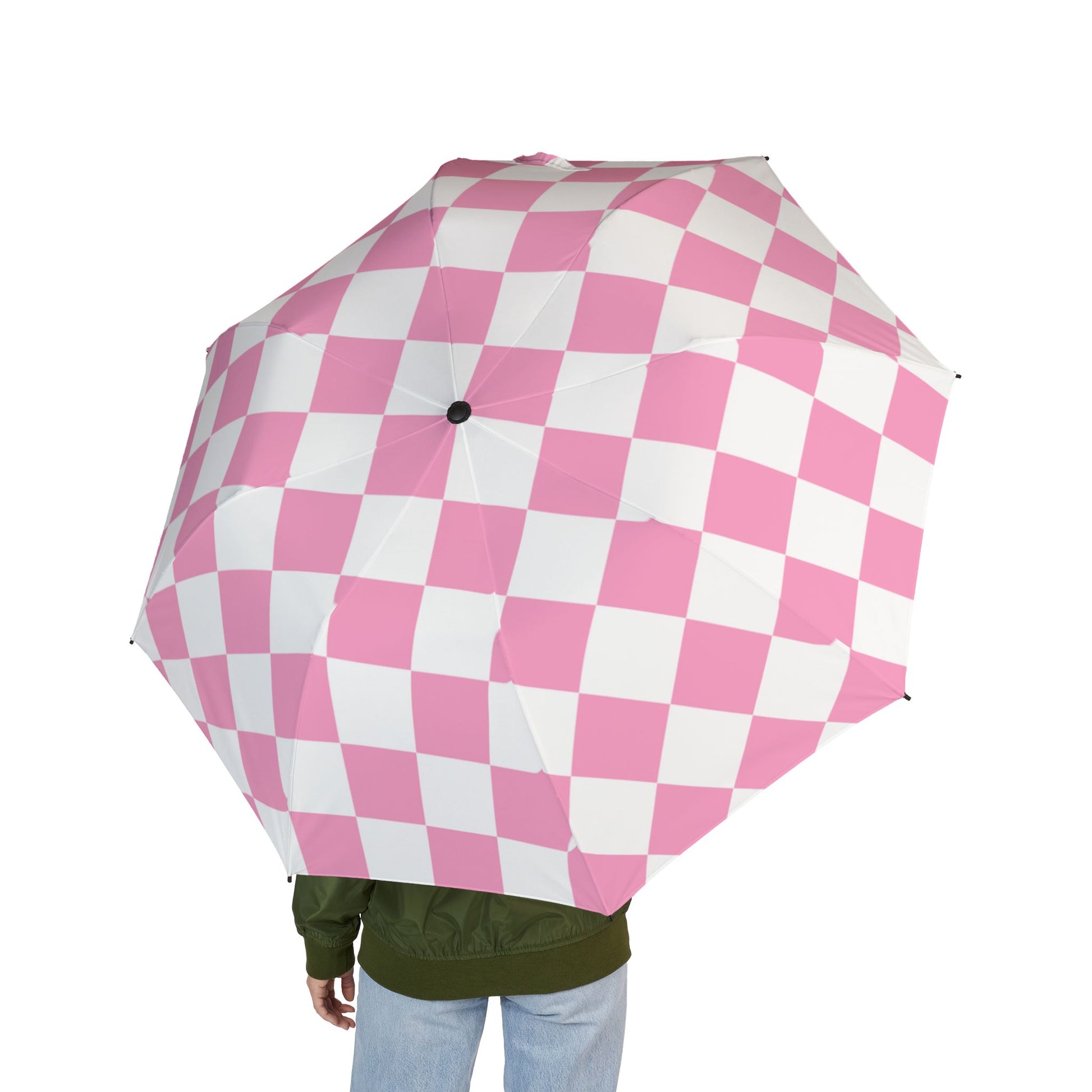 Checkerboard Hot Pink and White Semi-Automatic Foldable Umbrella, Artsulli - Art is Long, Life is Short, Accessories, , , , , , , 