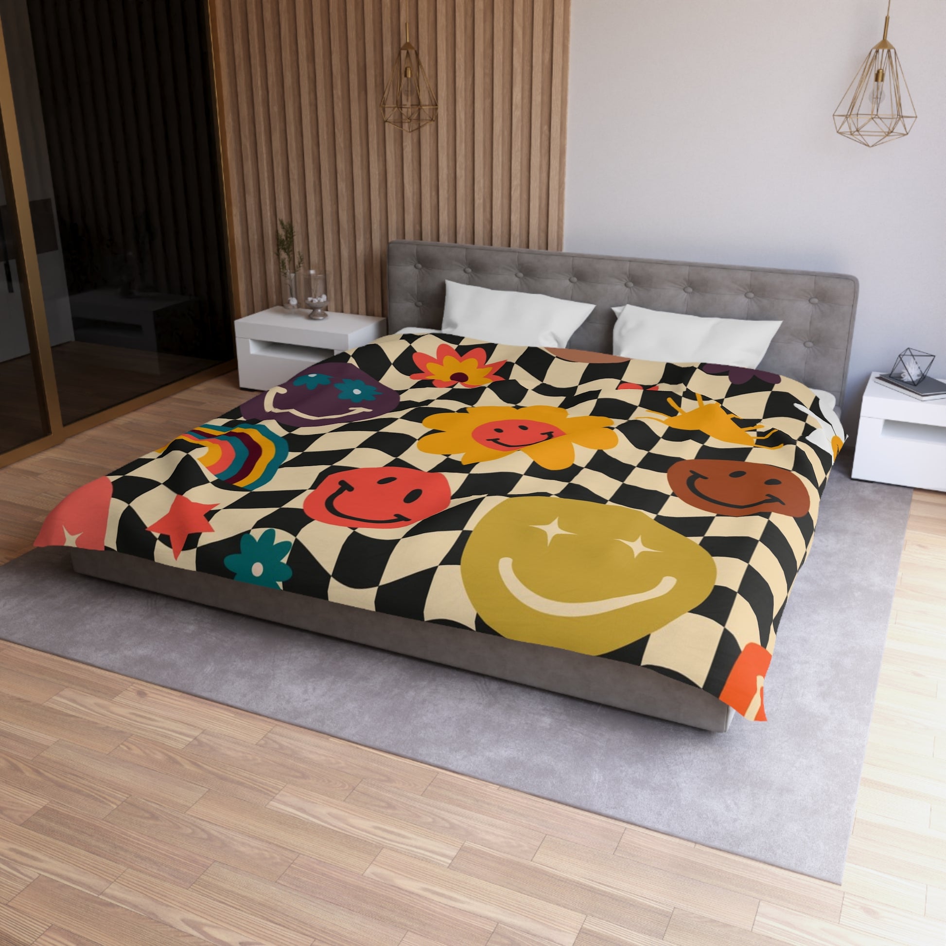 Trippy x Wavy Checkerboard x Smiley Face x Rainbow x Flowers Multi-Color Microfiber Duvet Cover, Artsulli - Art is Long, Life is Short, Home Decor, , , , , , , 