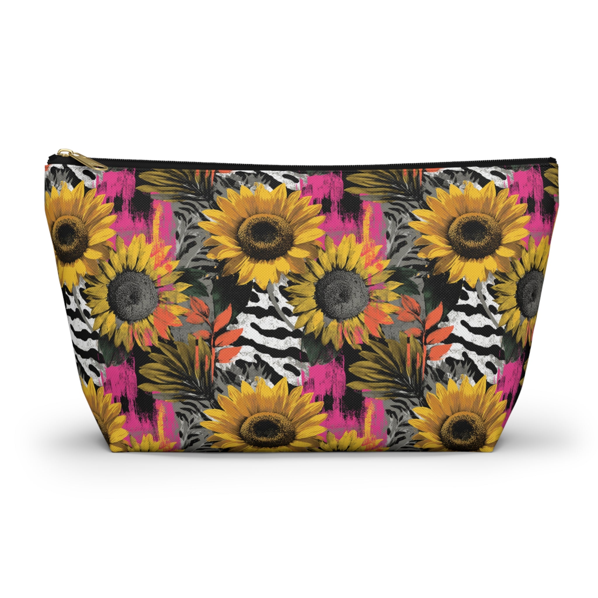 Zebra Stripes x Sunflowers II Multi-Color Accessory Pouch w T-bottom, Artsulli - Art is Long, Life is Short, Bags, Size, Large, Color, Black zipper, , , 17261299315017738642