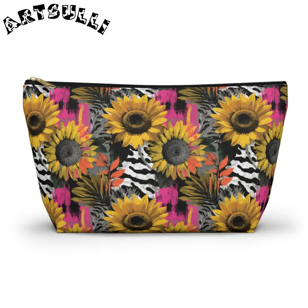 Zebra Stripes x Sunflowers II Multi-Color Accessory Pouch w T-bottom, Artsulli - Art is Long, Life is Short, Bags, Size, Large, Color, Black zipper, , , 17261299315017738642